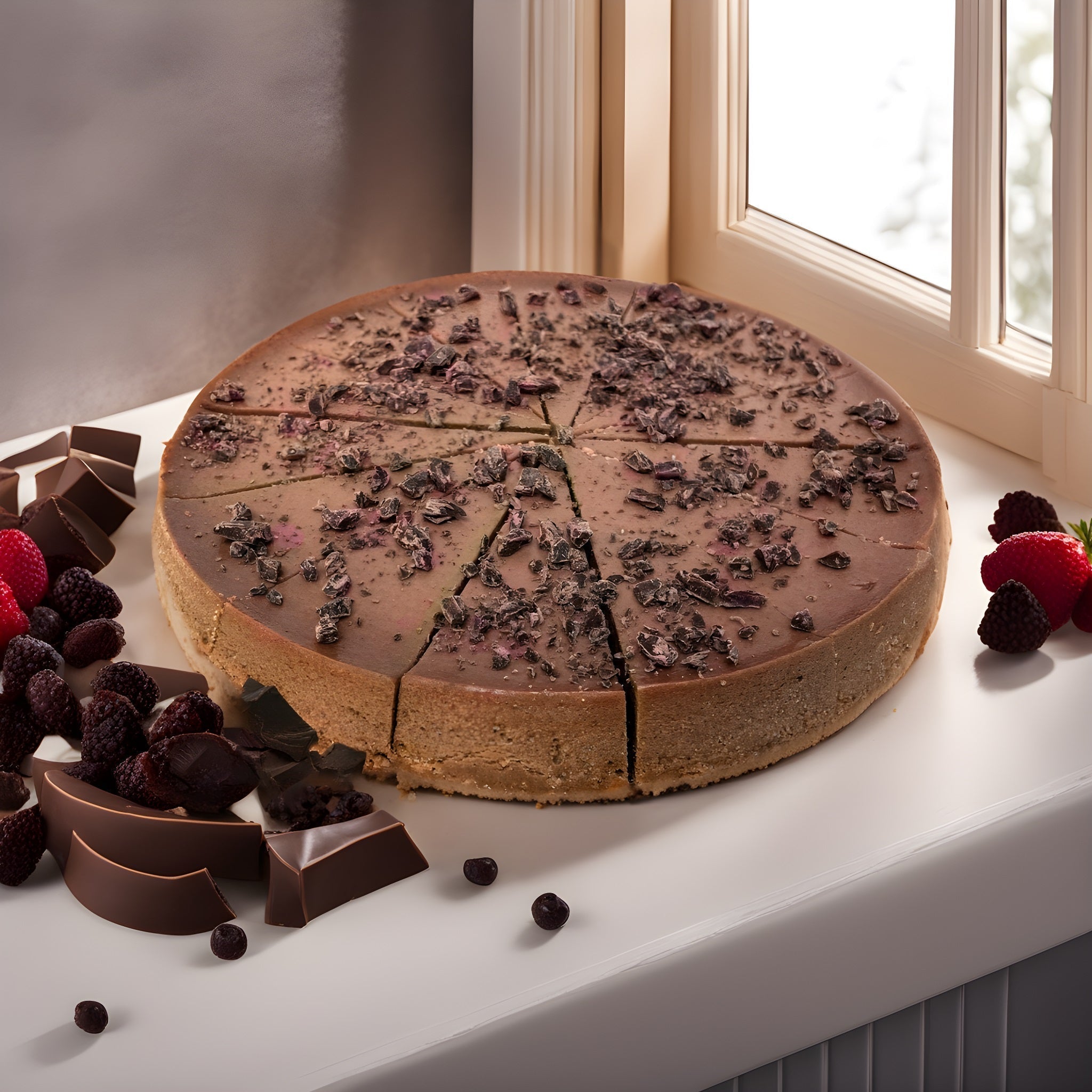 Sugar free dark chocolate chip cheesecake with chocolate shavings, sliced and displayed near window with fresh berries and chocolate pieces.