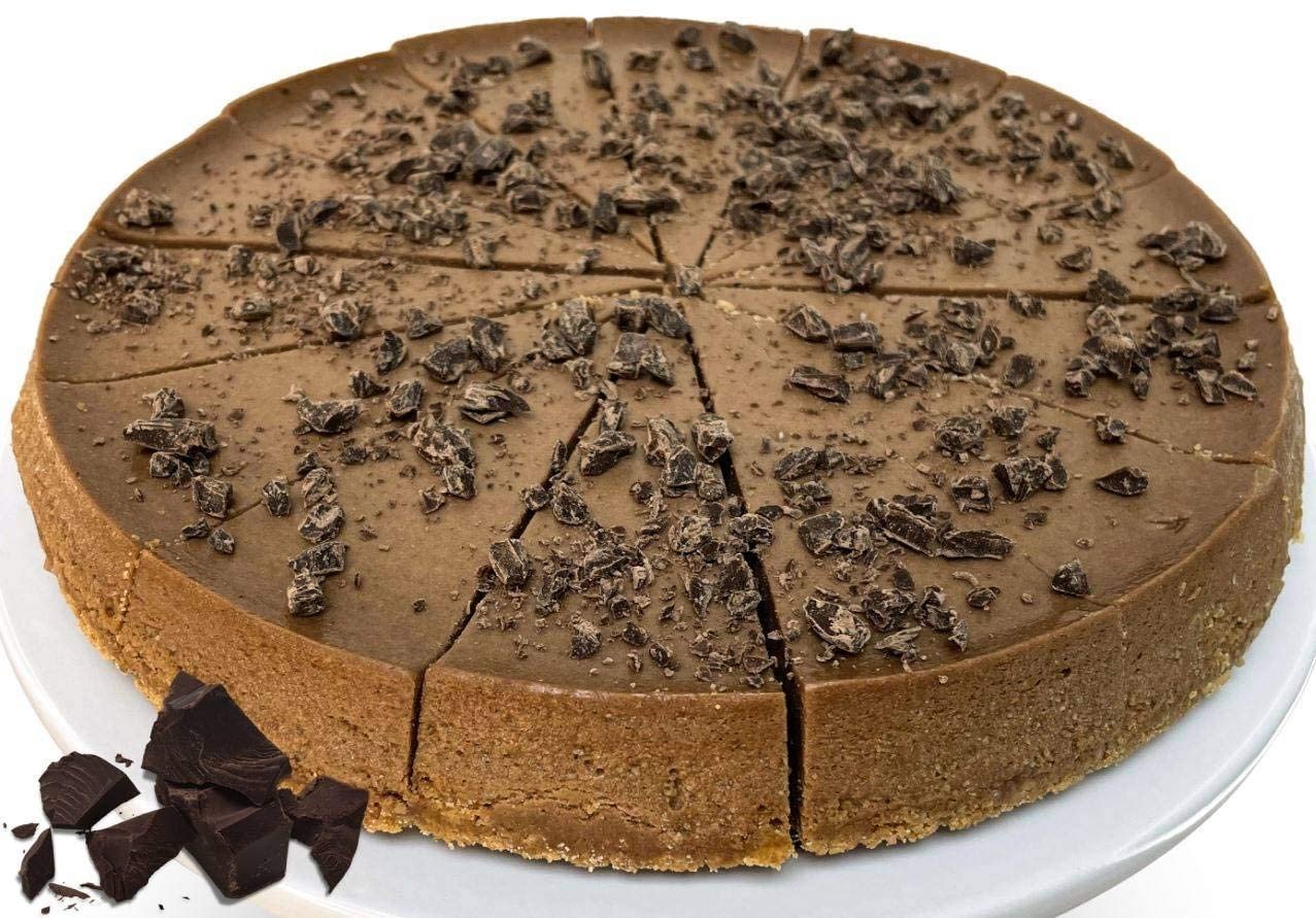 Sugar free dark chocolate chip cheesecake sliced on a white plate, made with real California cream cheese and no added sugar.