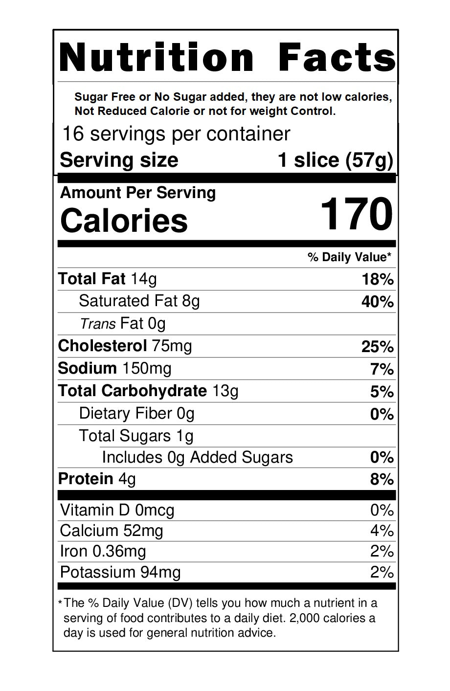 Nutrition facts label for Sugar Free Dark Chocolate Chip Cheesecake showing calories, fat, cholesterol, sodium, carbohydrates, protein, and vitamins per serving size of one slice (57g).