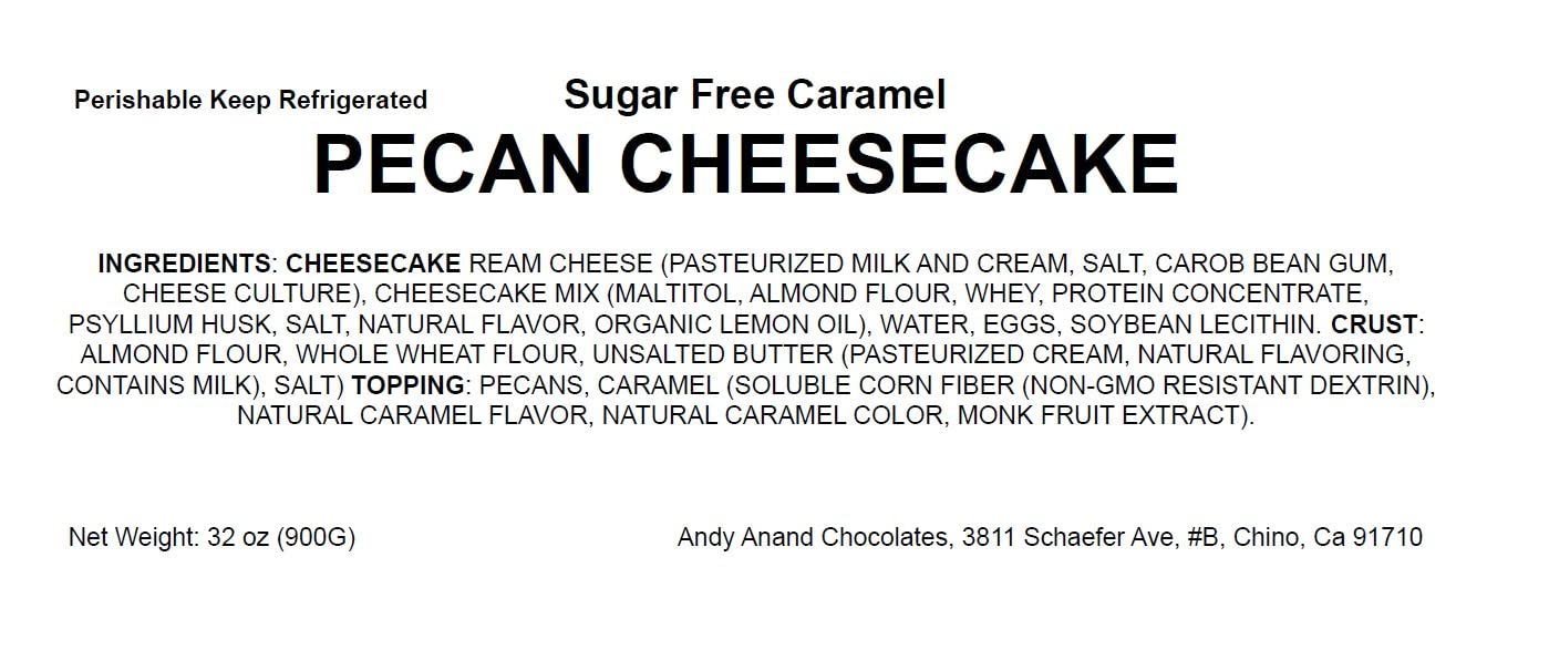 Sugar-free caramel pecan cheesecake made with natural sweeteners, cream cheese, almond flour crust, and topped with pecans and caramel.