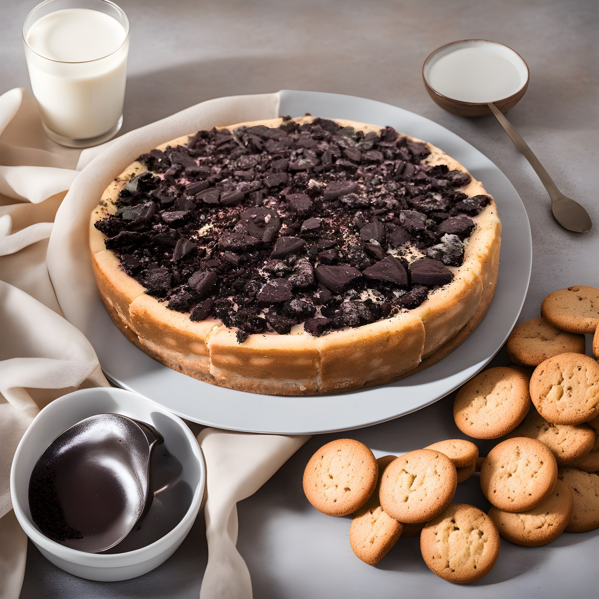 Sugar Free Cookies & Cream Cheesecake topped with crushed cookies on a plate with milk, chocolate sauce, and cookies around.