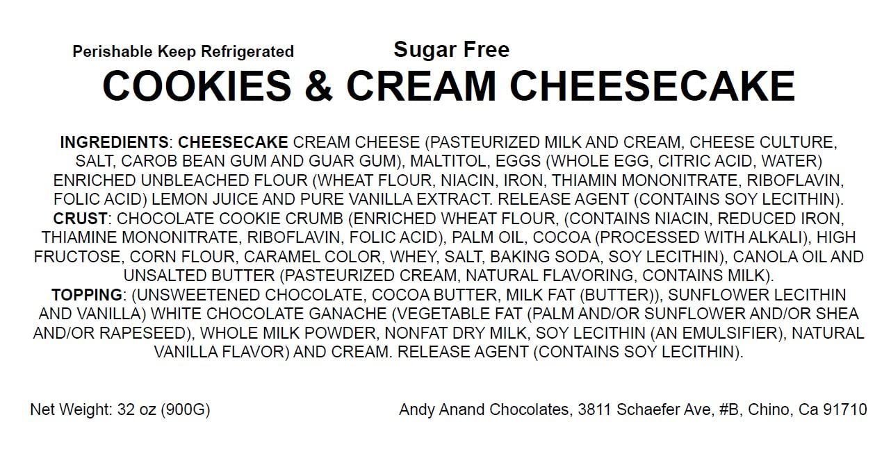 Andy Anand Chocolates Food & Beverages > Desserts & Sweets > Cakes > Sugar-Free Cheesecakes Andy Anand Sugar-Free Cookies & Cream Cheesecake, 9-Inch, 2 lb – Diabetic-Friendly, California Cream Cheese, No Preservatives Gift Box Sugar-Free Cookies & Cream Cheesecake | Nationwide