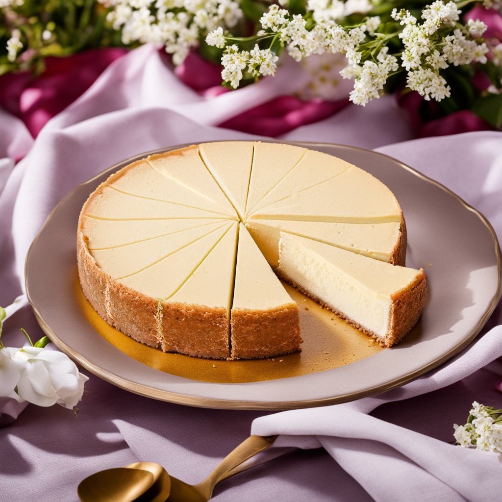Sugar free New York cheesecake sliced on a plate, creamy diabetic-friendly dessert delivered near me