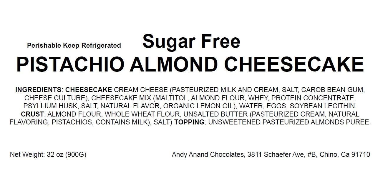 Sugar free pistachio almond cheesecake made with natural sweeteners and California almonds, 2 lbs dessert.