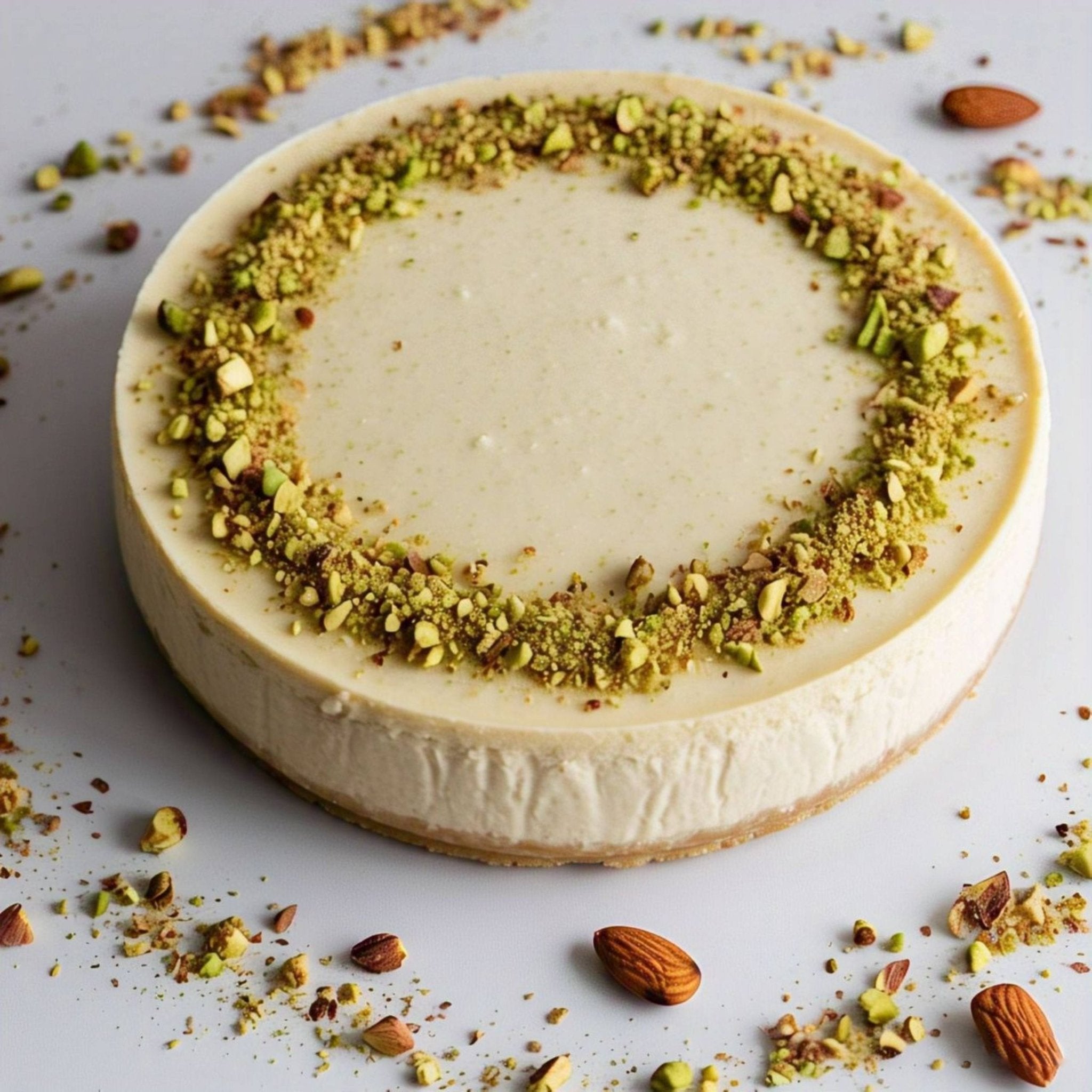 Sugar free pistachios almond cheesecake with a creamy texture and nutty topping, made with California almonds, perfect for guilt-free dessert lovers.