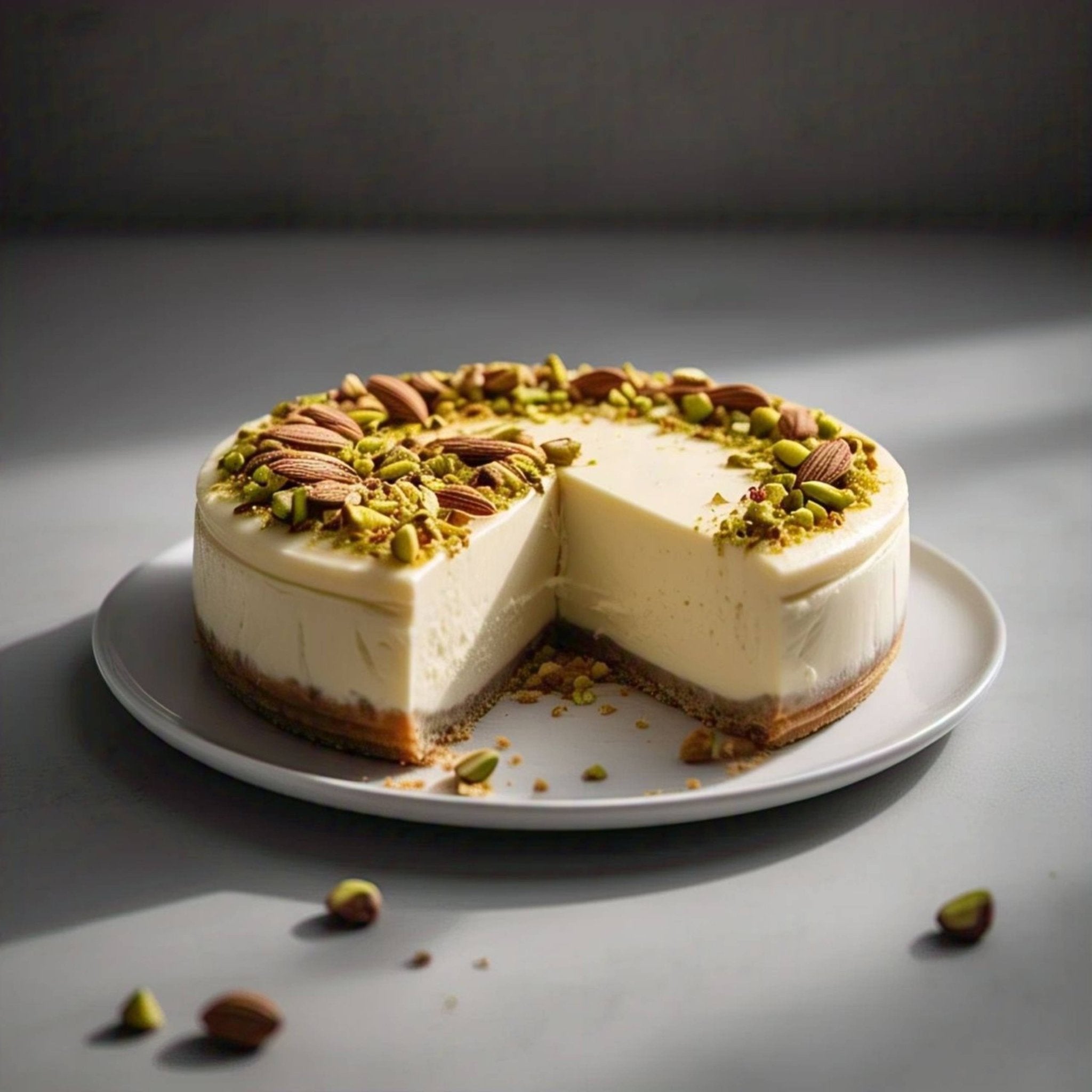 Sugar free pistachios almond cheesecake with creamy texture and nut topping on a white plate