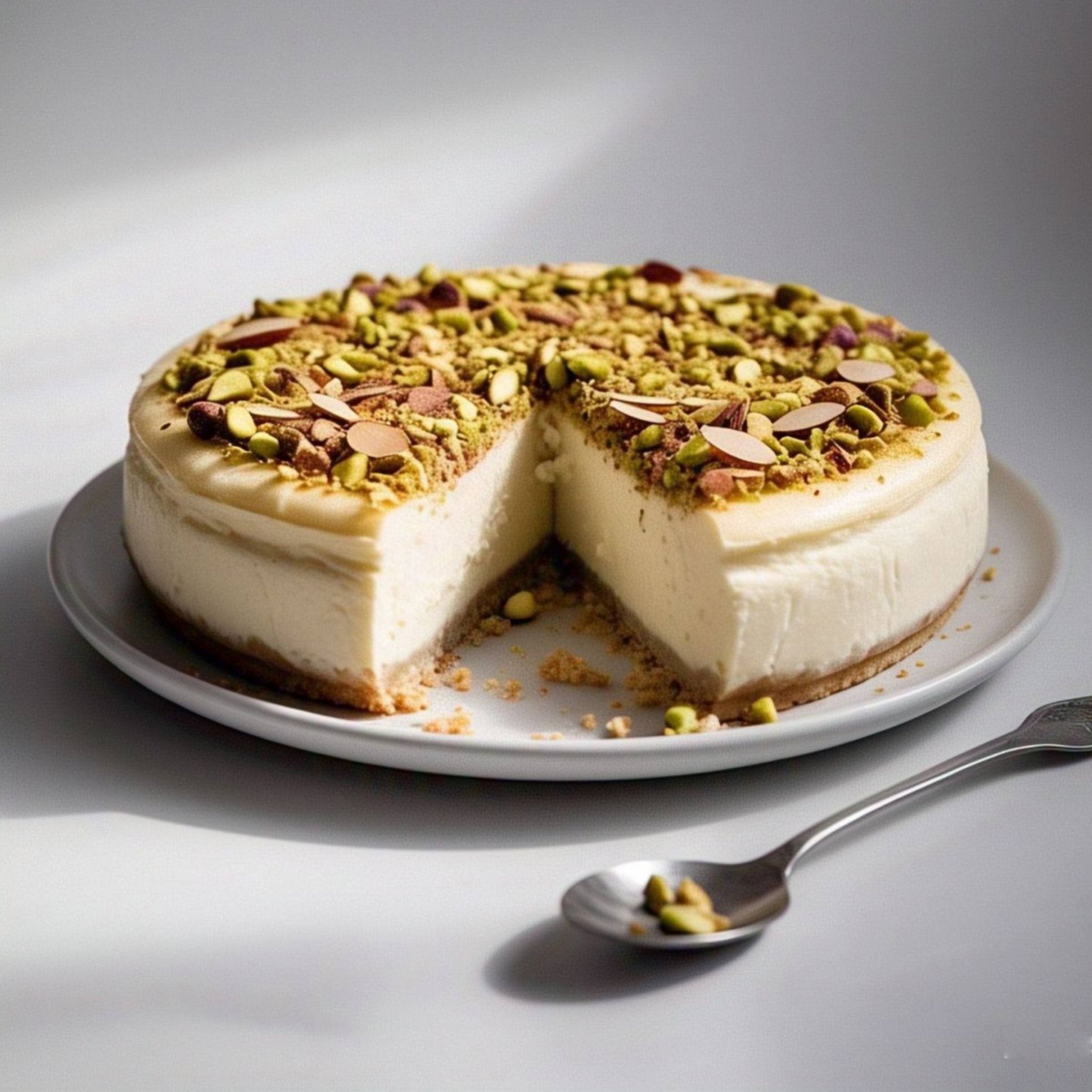 Sugar free pistachios almond cheesecake made with California almonds, creamy and freshly baked dessert, 2 lbs cake on plate with slice removed and spoon of nuts nearby.