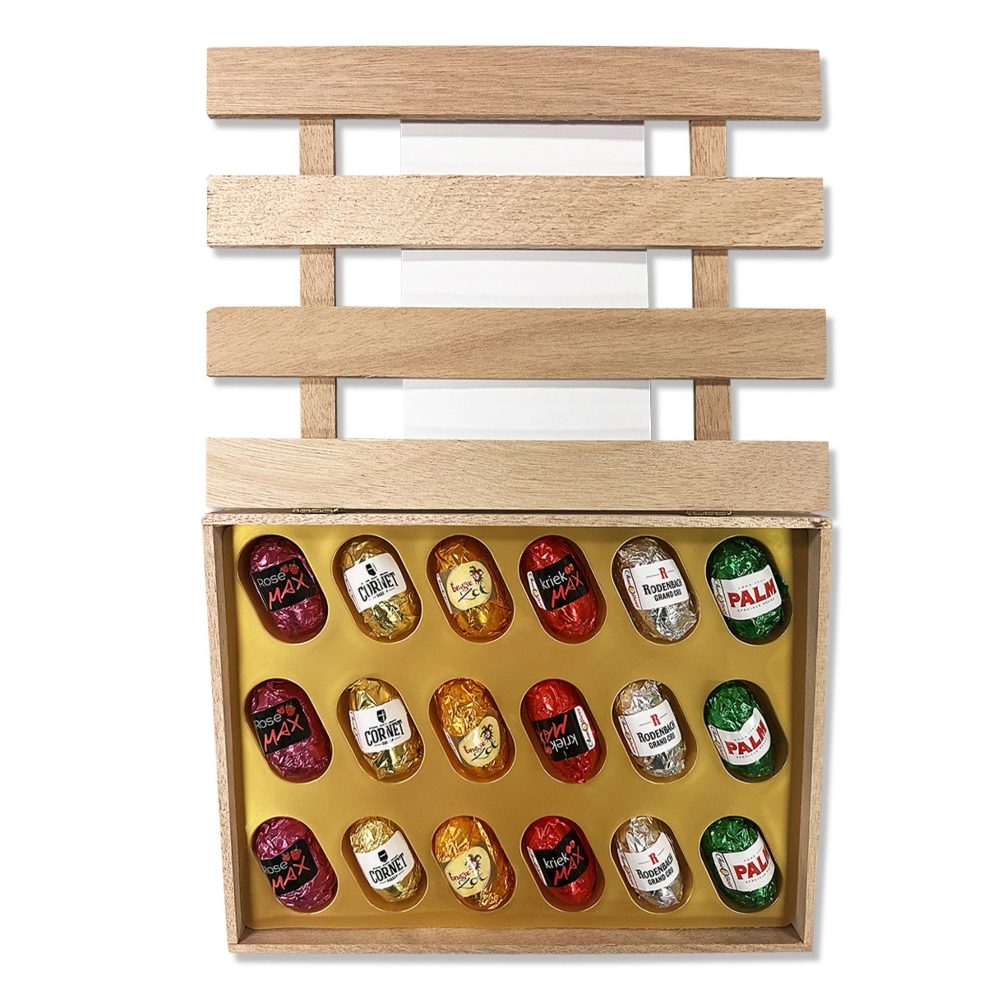 Beautifully packaged gift box of Andy Anand vegan Liquor Filled Chocolate Bottles, beer flavor, 18 pcs.