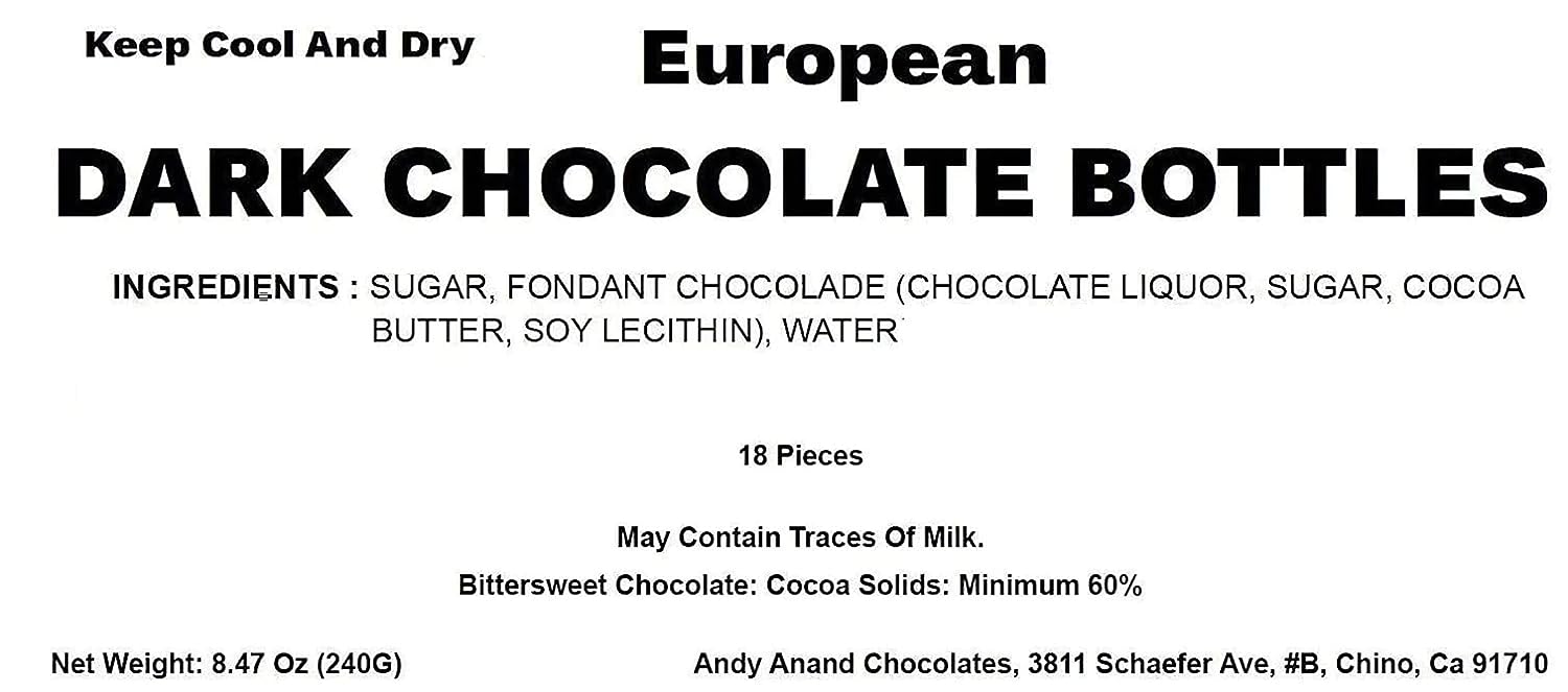 Andy Anand vegan Liquor Filled Chocolate Bottles, beer flavor, 18 pcs, European dark chocolate, ingredients page.
