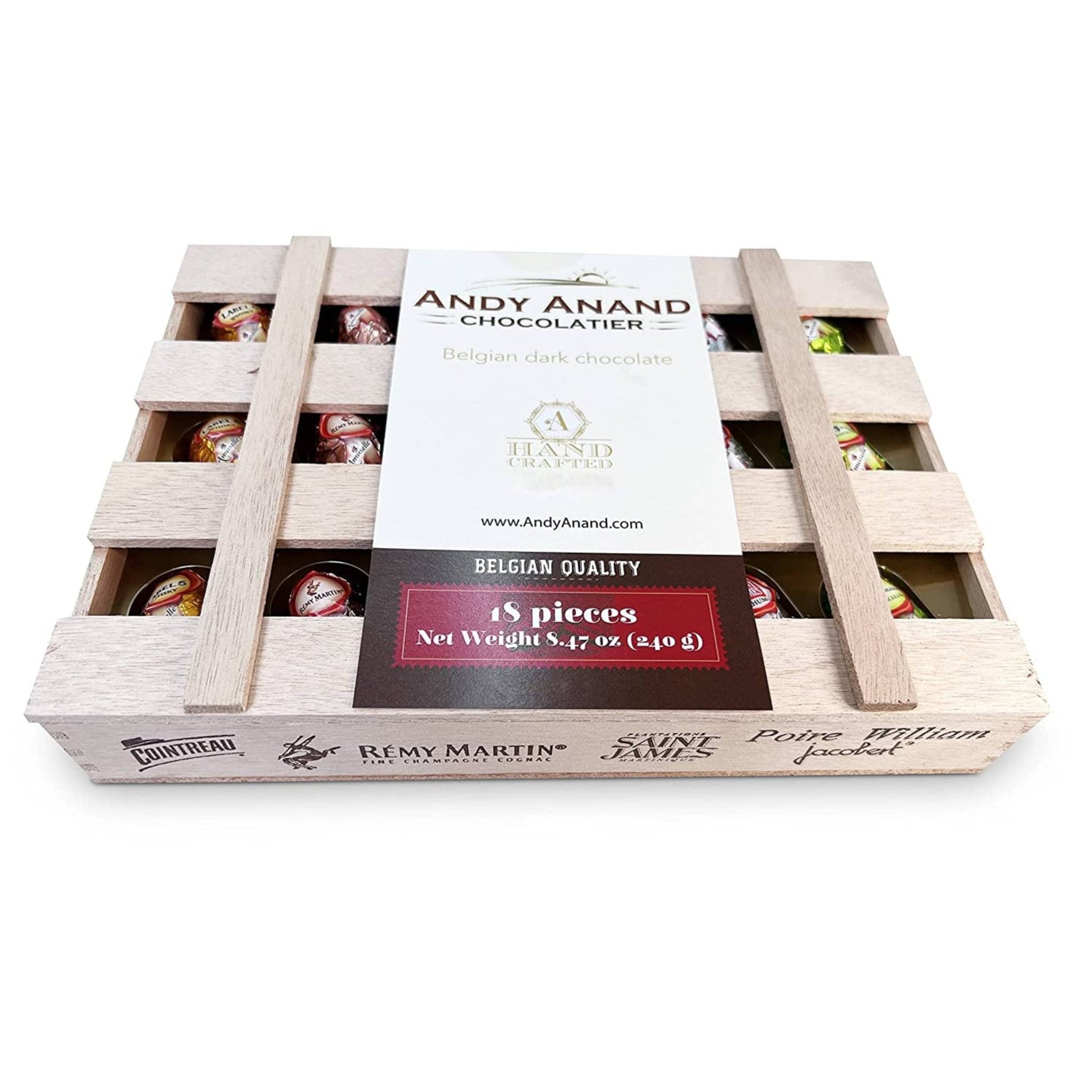 Andy Anand Chocolates Food & Beverages > Desserts & Sweets > Chocolate Andy Anand European Dark Chocolate Bottles with Non-Alcoholic Cordials, 18 pc, 8.74 oz – Wooden Gift Box, Birthday & Holiday Gourmet Gift Liquor Cordial Dark Chocolate Bottles | Nationwide