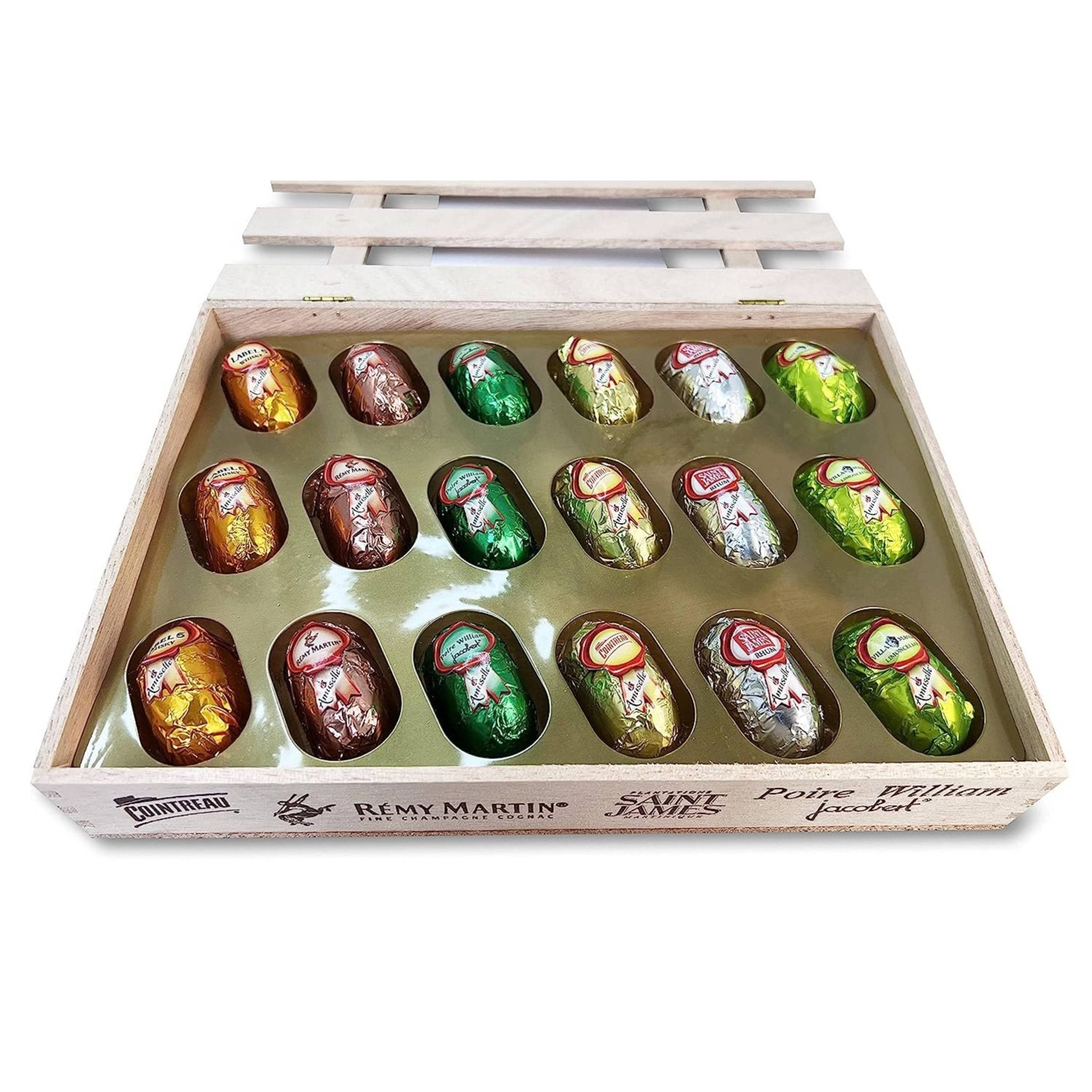 Andy Anand Chocolates Food & Beverages > Desserts & Sweets > Chocolate Andy Anand European Dark Chocolate Bottles with Non-Alcoholic Cordials, 18 pc, 8.74 oz – Wooden Gift Box, Birthday & Holiday Gourmet Gift Liquor Cordial Dark Chocolate Bottles | Nationwide