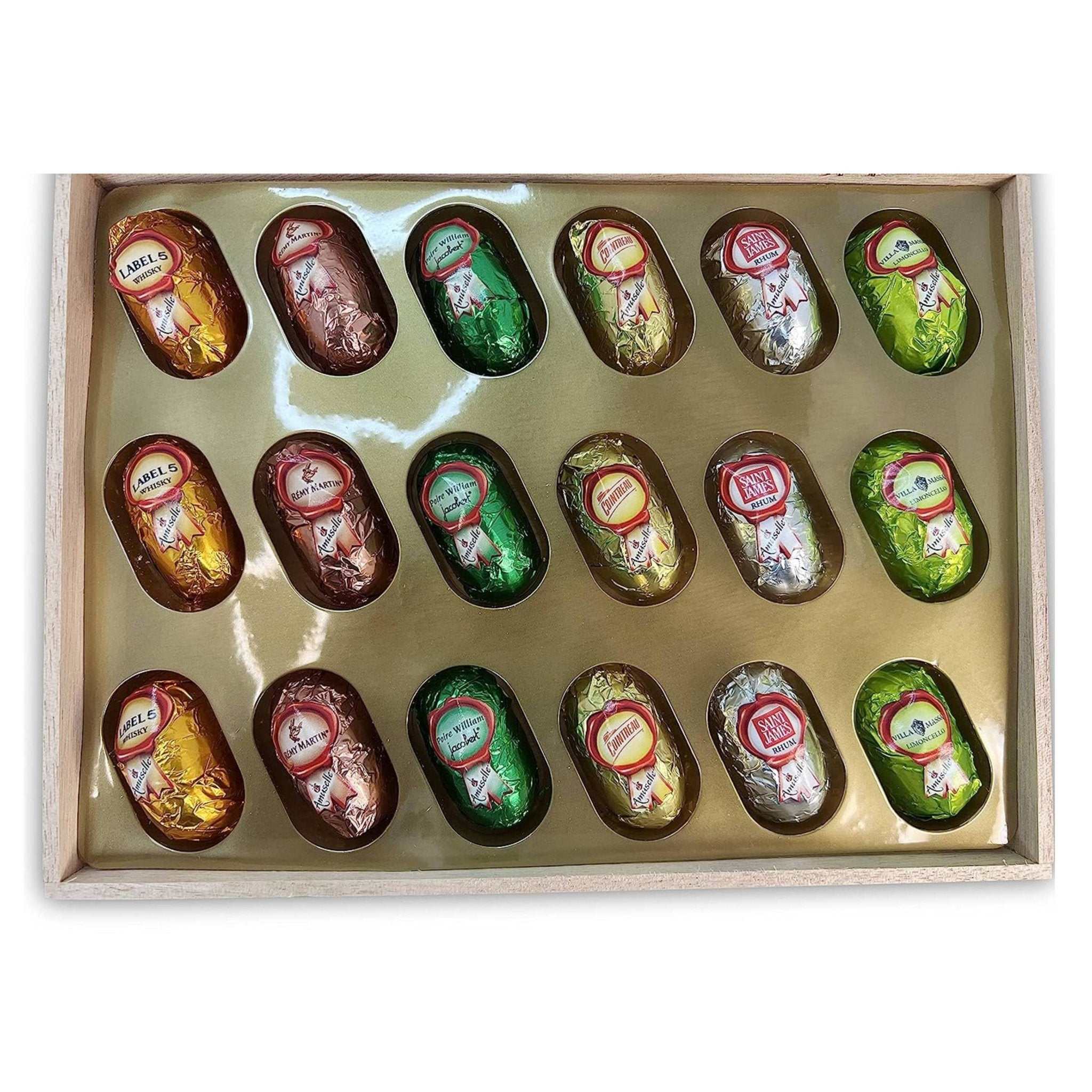 Andy Anand Chocolates Food & Beverages > Desserts & Sweets > Chocolate Andy Anand European Dark Chocolate Bottles with Non-Alcoholic Cordials, 18 pc, 8.74 oz – Wooden Gift Box, Birthday & Holiday Gourmet Gift Liquor Cordial Dark Chocolate Bottles | Nationwide
