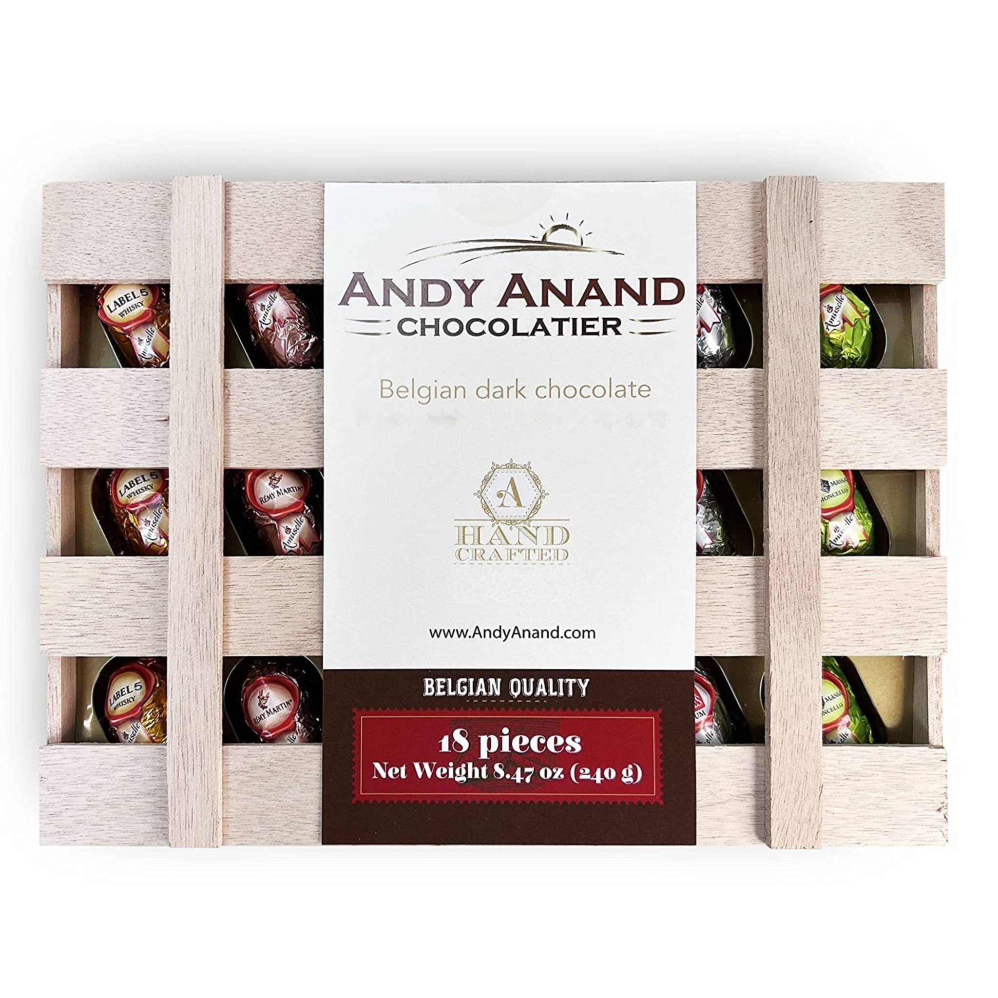 Andy Anand Chocolates Food & Beverages > Desserts & Sweets > Chocolate Andy Anand European Dark Chocolate Bottles with Non-Alcoholic Cordials, 18 pc, 8.74 oz – Wooden Gift Box, Birthday & Holiday Gourmet Gift Liquor Cordial Dark Chocolate Bottles | Nationwide
