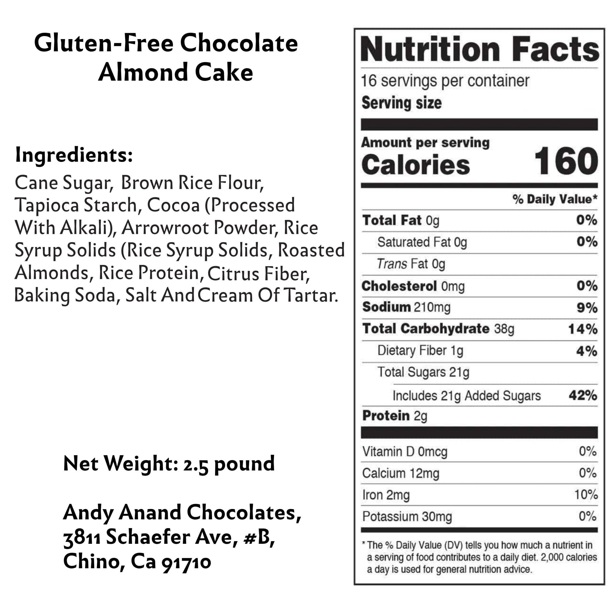 Gluten-free chocolate almond cake by Andy Anand, 9-inch, 2.5 lbs, ingredients and nutrition info page.