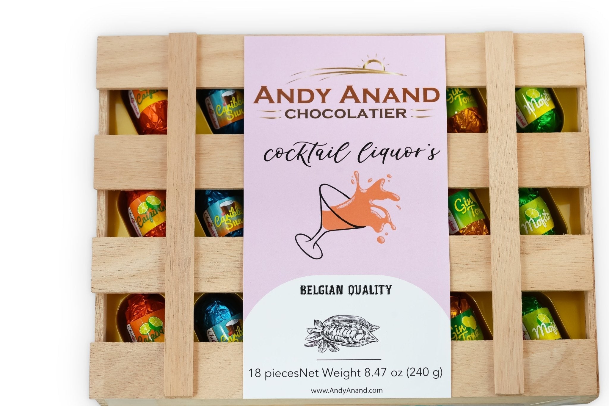 Non Alcoholic Vegan Chocolates Delicious assortment of vegan dark chocolate infused with cocktail-inspired flavors. Exquisite European-style confections from premium brand Andy Anand Chocolates. All Products, -Dark Chocolate