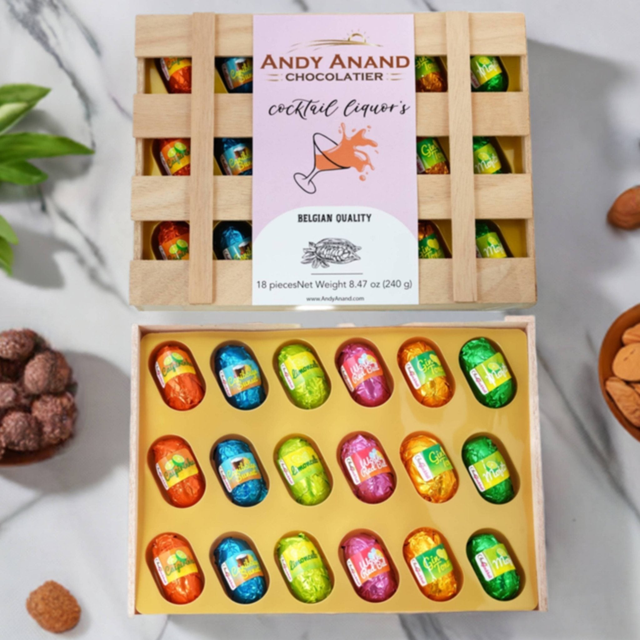 Andy Anand Chocolates Food & Beverages > Desserts & Sweets > Chocolate Andy Anand Cocktail-Flavored Vegan Dark Chocolates, 18 pc – Six Non-Alcoholic Flavors, 60% Cocoa Butter, Gluten-Free Birthday Gift Box Cocktail Vegan Dark Chocolates 18 pc | Nationwide
