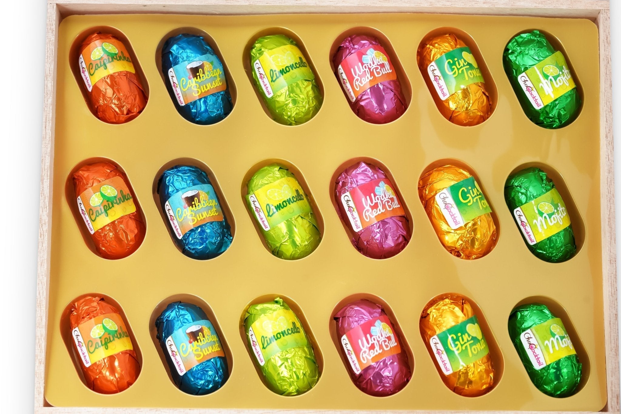 Non Alcoholic Vegan Chocolates Assorted in a variety of European-inspired flavors, including Mojito, Caribbean Sunset, Limoncello, Gin Tonic, Vodka Red Bull, and Caipirinha.