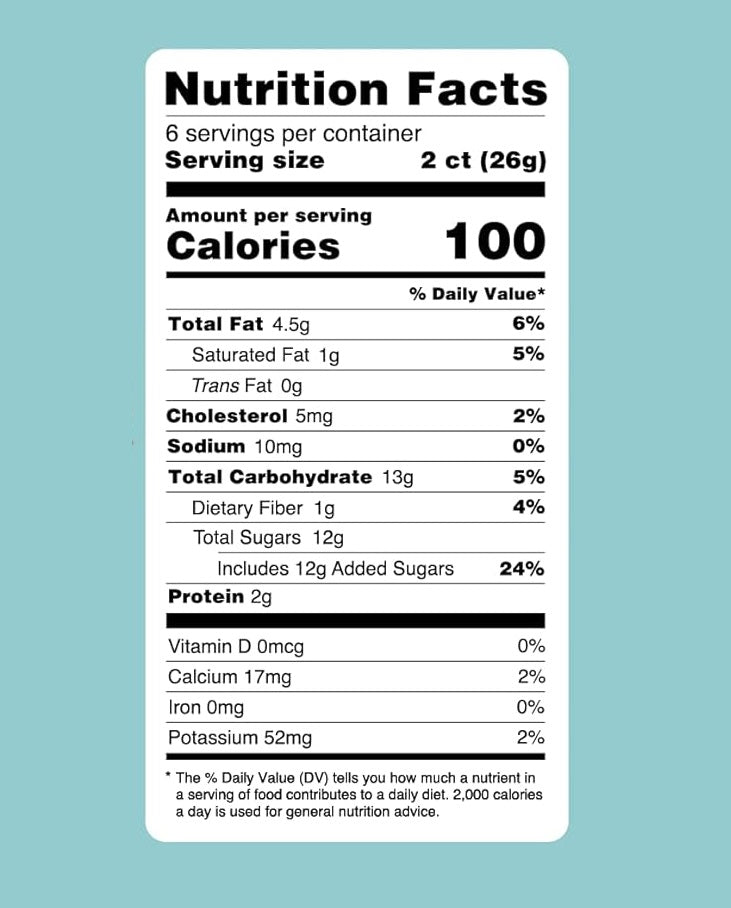 Nutrition facts label for Andy Anand French Macarons showing calories, fats, sugars, protein, and serving size details.