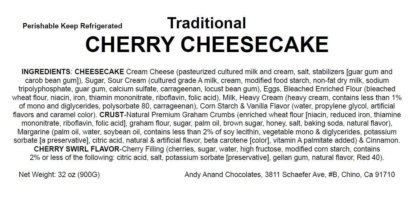 Andy Anand freshly baked traditional cherry cheesecake 9-inch with creamy filling, cherry swirl topping, and natural graham crust, 3.4 lbs.