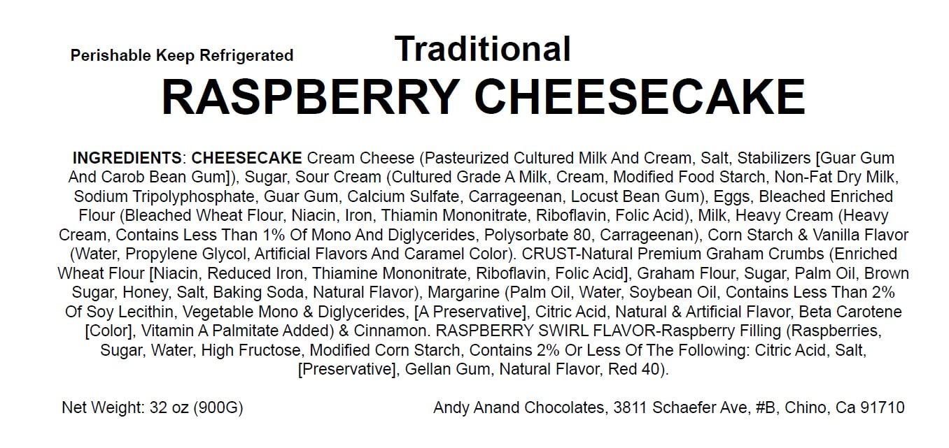 9-inch Andy Anand freshly baked traditional raspberry cheesecake with natural ingredients and graham crumb crust, made with cream cheese and raspberry swirl filling, ready for refrigerated delivery.