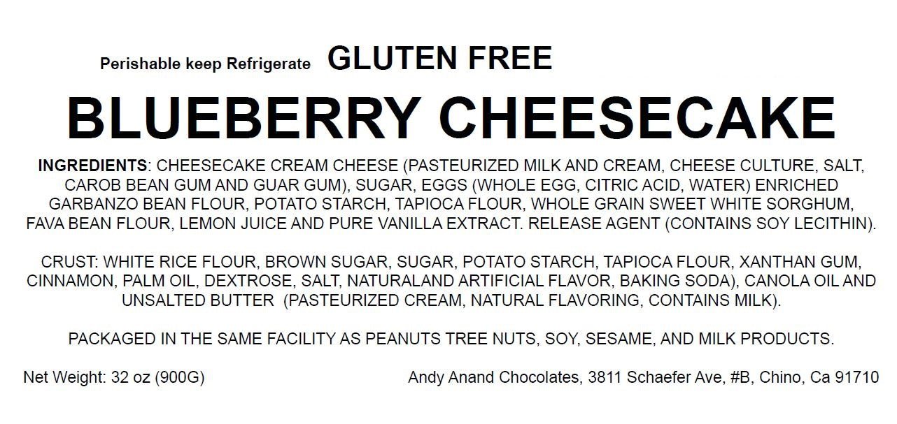 Andy Anand Chocolates Food & Beverages > Desserts & Sweets > Cakes > Gluten-Free Cheesecakes Andy Anand Gluten-Free Blueberry Cheesecake, 9-Inch, 2 lb – Freshly Baked, Real California Cream Cheese, No Preservatives, Birthday Gift Box Gluten-Free Blueberry Cheesecake | Nationwide
