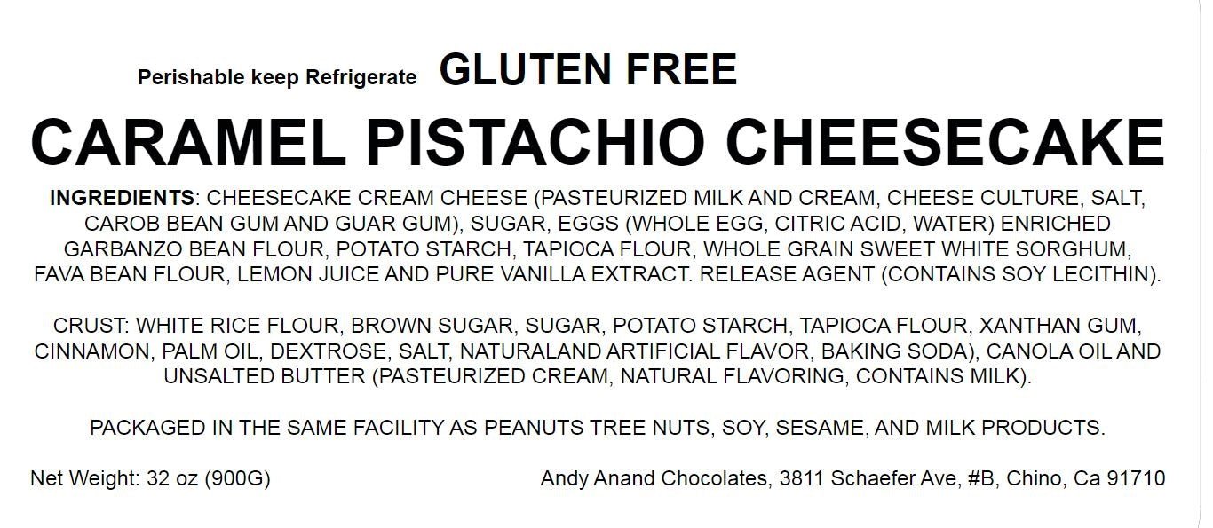 Gluten Free Caramel Pistachios Cheesecake Delectable gluten-free cheesecake with caramel and pistachio flavors, handcrafted with care. Savor the rich, moist texture and burst of flavors. Enjoy the convenience of this Andy Anand Chocolates product delivered fresh. All Products, Products, Gluten Free Cheesecake & Cake.