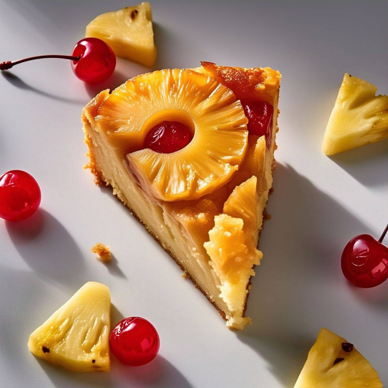 Sugar Free Pineapple Upside Down Cake Slice of Andy Anand Traditional Pineapple Upside Down Cake topped with pineapple ring and cherry on white plate with pineapple pieces and cherries around