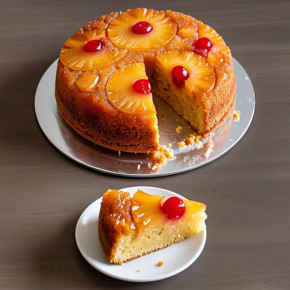 Sugar Free Pineapple Upside Down Cake Andy Anand Traditional Pineapple Upside Down Cake 10 inch topped with pineapple rings and cherries, freshly baked homemade style cake with a slice served on a white plate