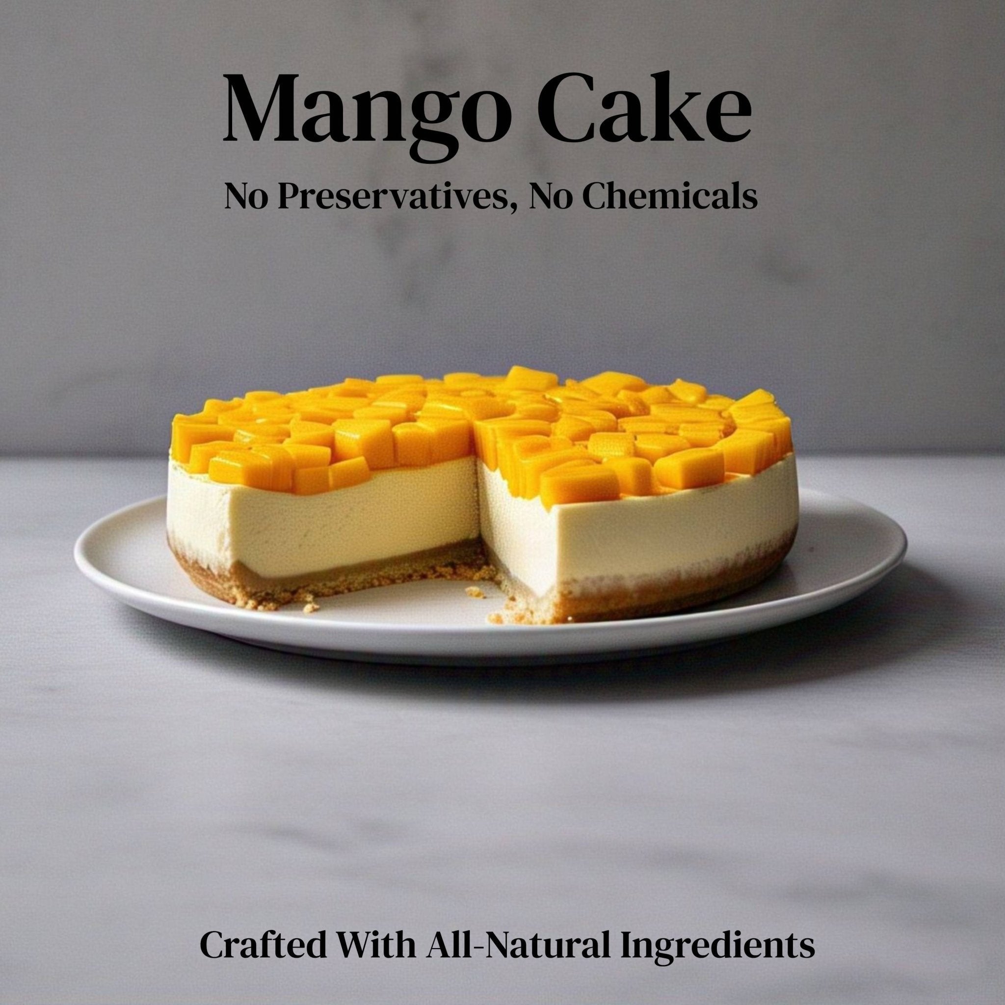 Round 9-inch hand-crafted mango cake with fresh mango topping, no preservatives, made with all-natural ingredients on white plate