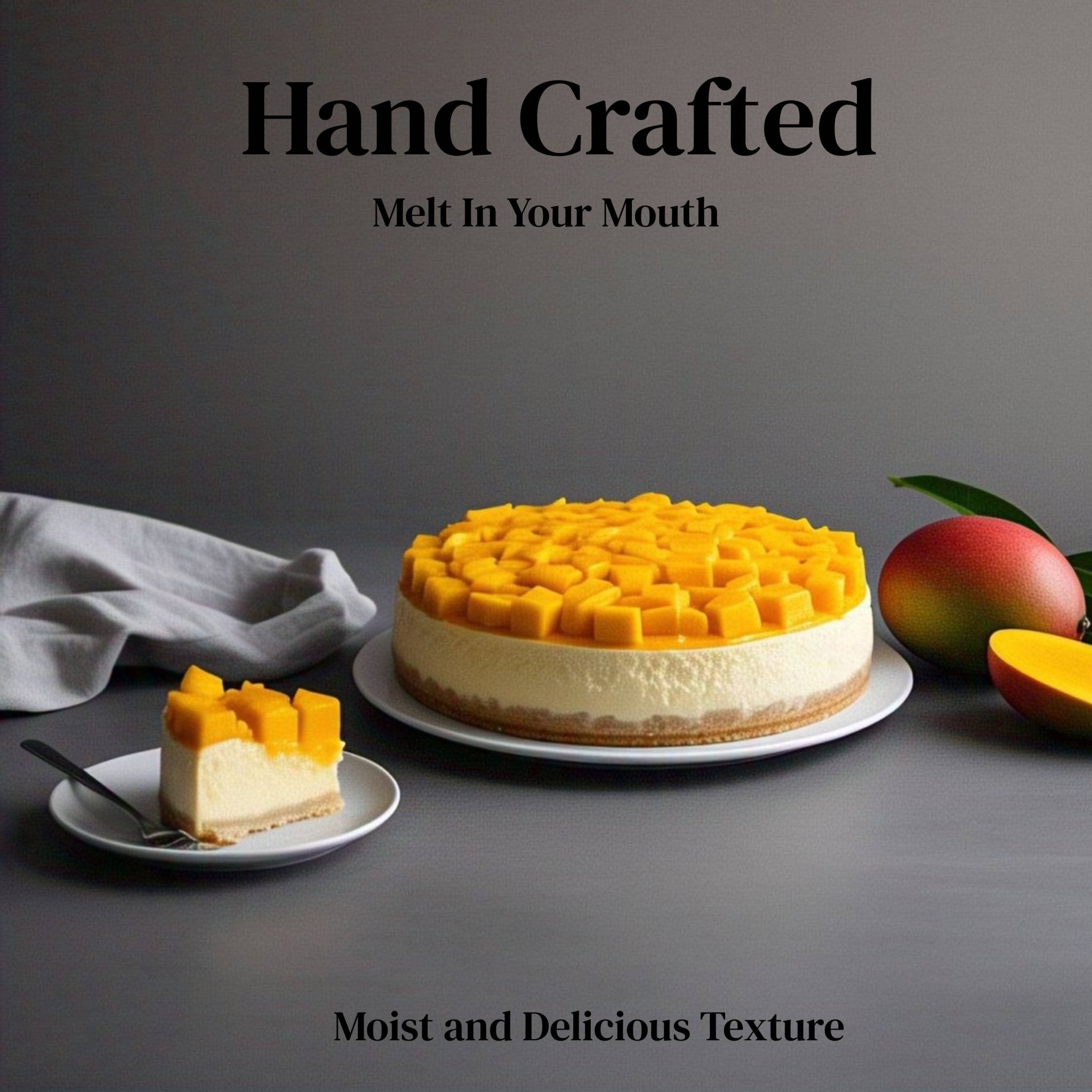 Handcrafted 9-inch mango cake with fresh mango topping, moist and delicious texture, perfect for birthdays and special occasions.