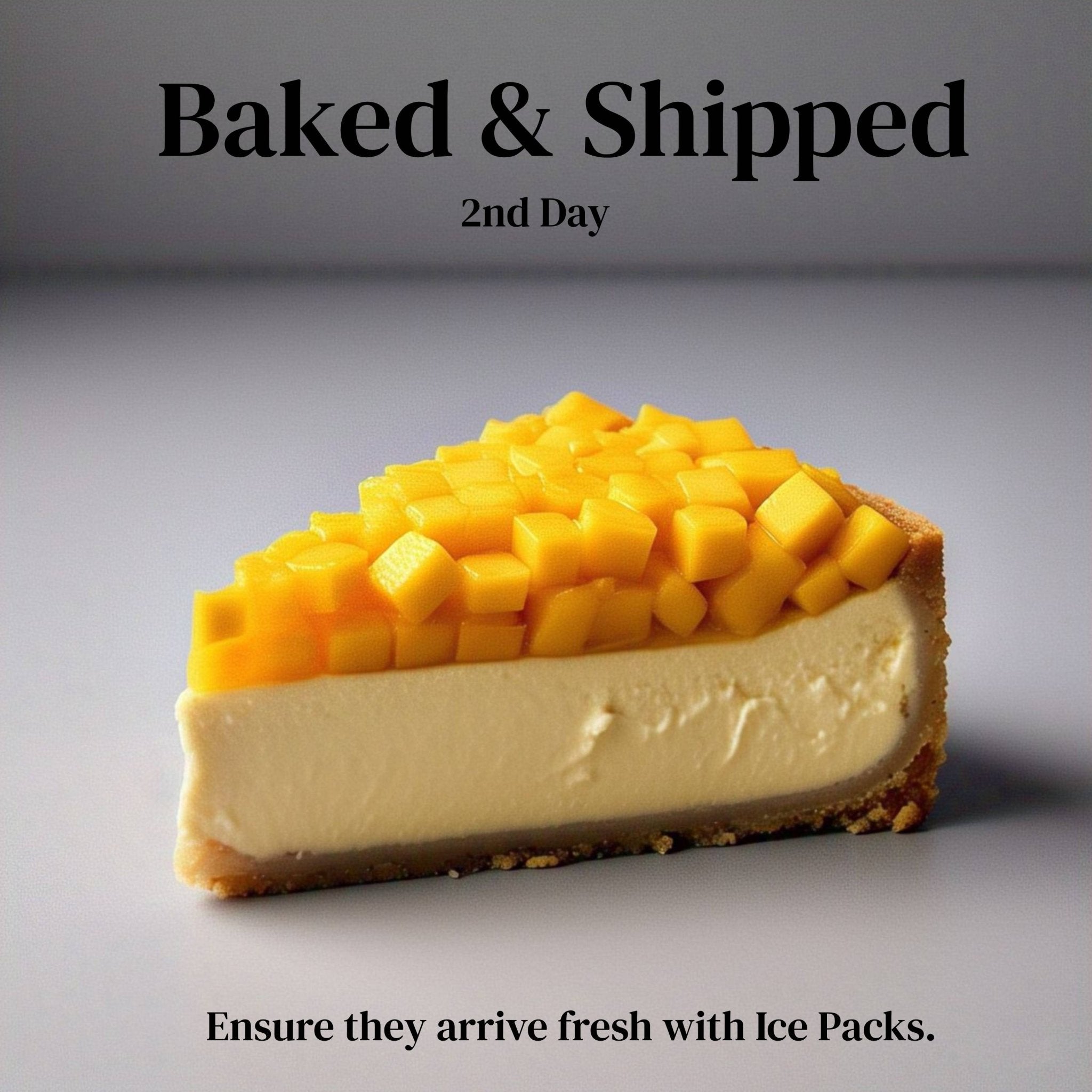 Slice of fresh mango cake topped with diced mango, baked and shipped with ice packs for freshness.