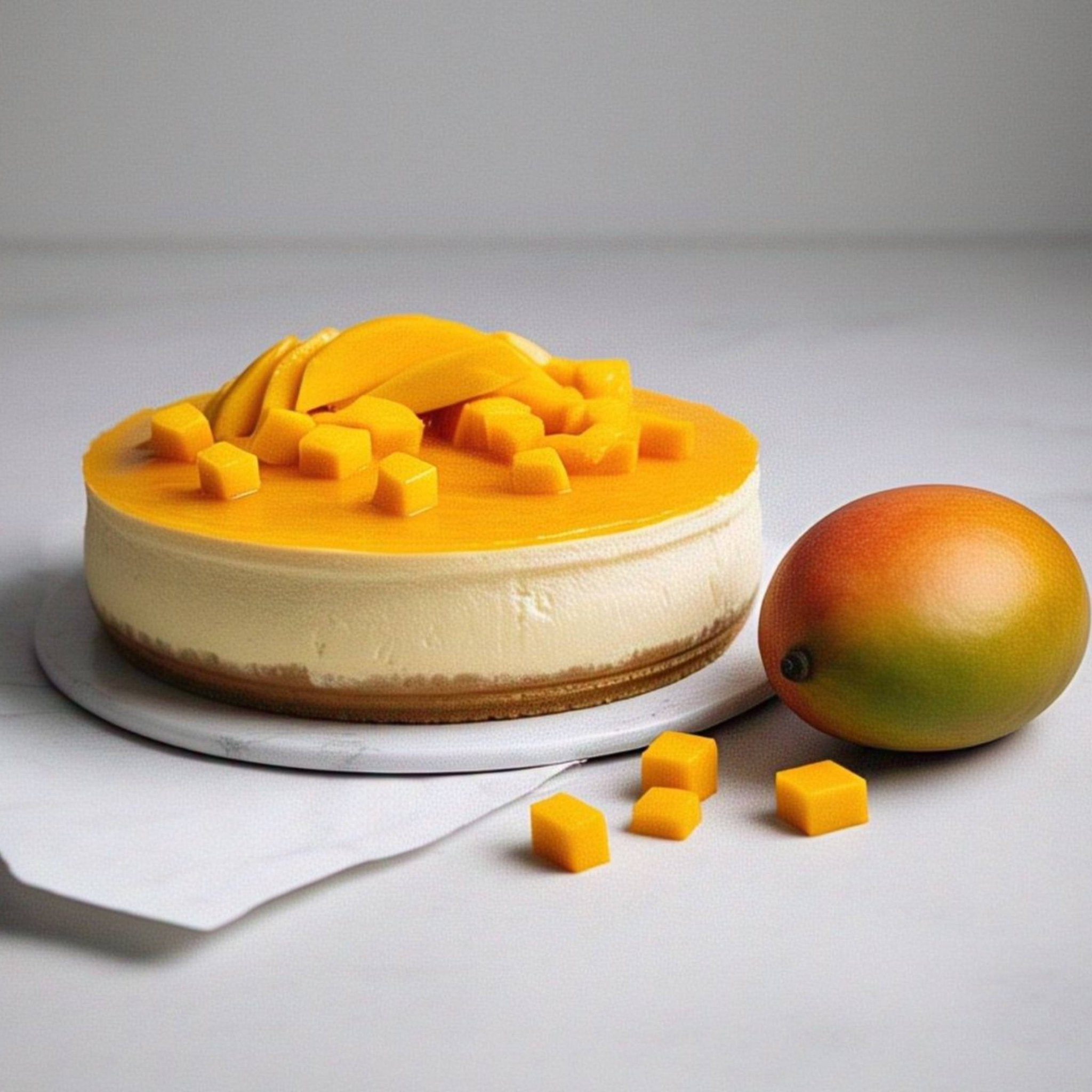 Mango Cheesecake Andy Anand Traditional Mango Cheesecake with fresh mango topping and mango cubes on white plate next to ripe mango fruit