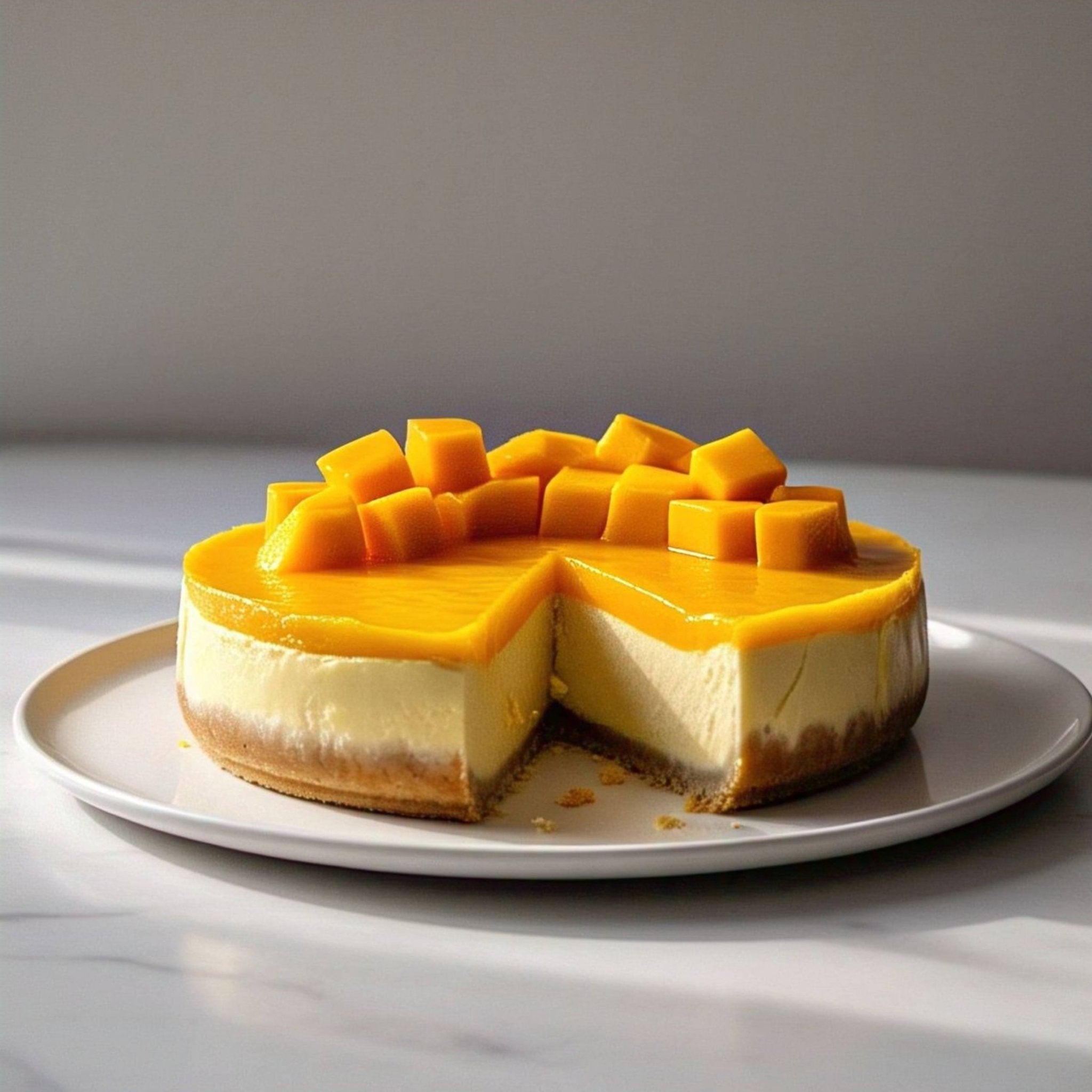 Andy Anand Traditional Mango Cheesecake 9", fresh mango topping & creamy base on white plate, Real Homemade Taste Delivery