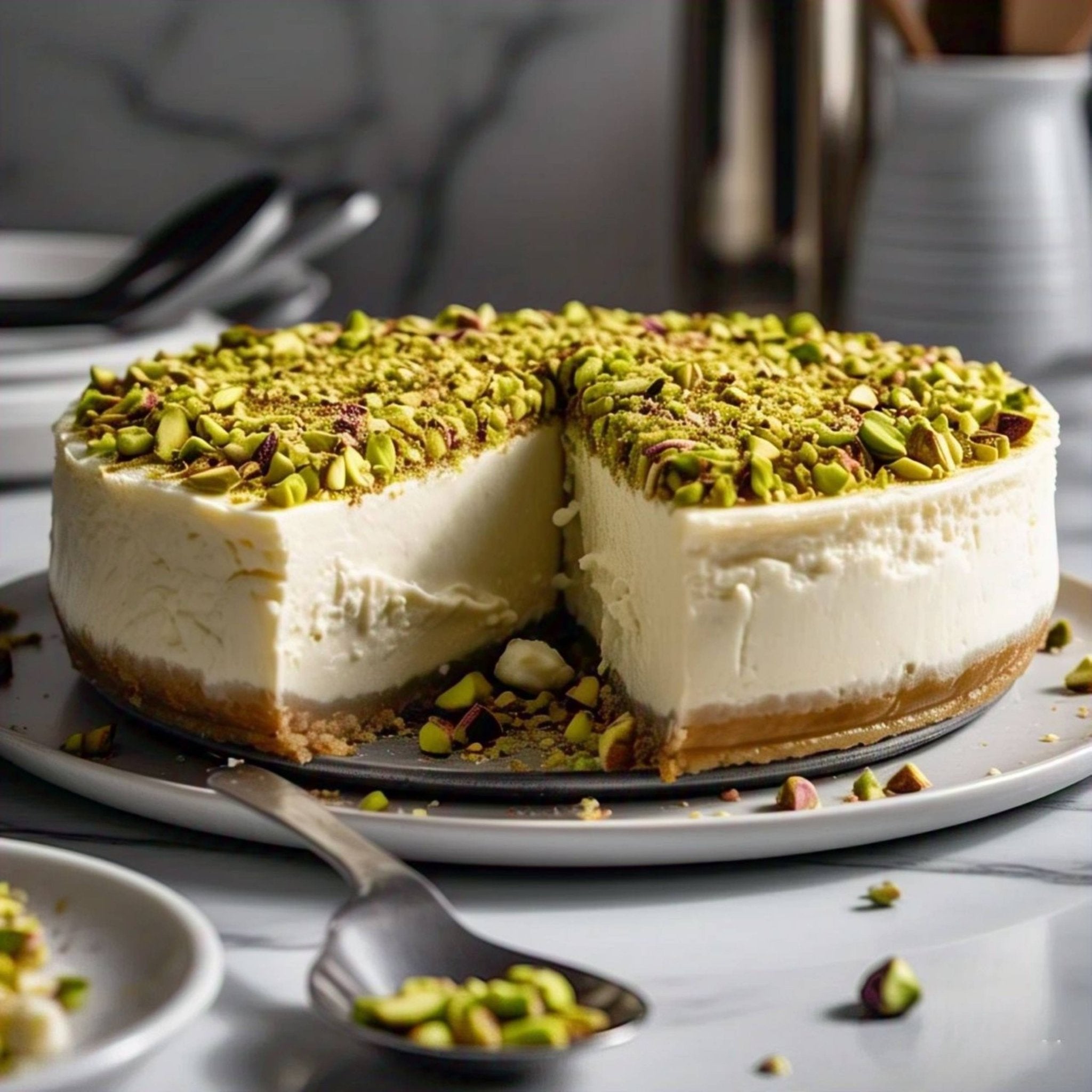 Andy Anand caramel pistachio cheesecake 9" near me, nutty dessert made with fresh ingredients & real cream cheese Bakery