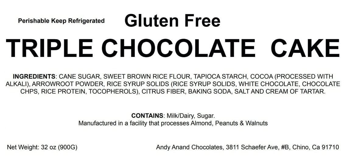 Gluten Free Triple Chocolate Cake by Andy Anand with rich chocolate, white chocolate, and chocolate chips, made with cane sugar and brown rice flour, perfect for special occasions and delivered fresh.
