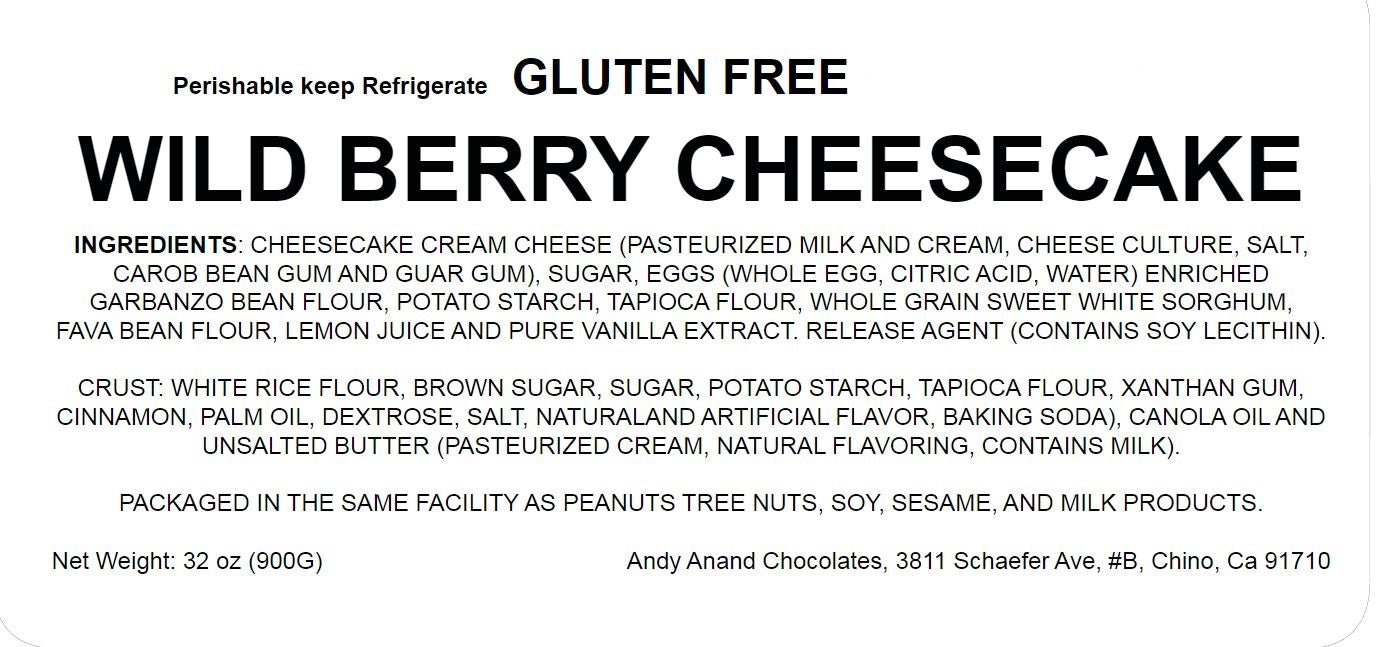 Andy Anand Chocolates Food & Beverages > Desserts & Sweets > Cakes > Gluten-Free Cheesecakes Andy Anand Gluten-Free Wild Berry Cheesecake, 9-Inch, 2.8 lb – Freshly Baked, Real California Cream Cheese, All-Natural, Birthday Gift Box Gluten-Free Wild Berry Cheesecake | Nationwide