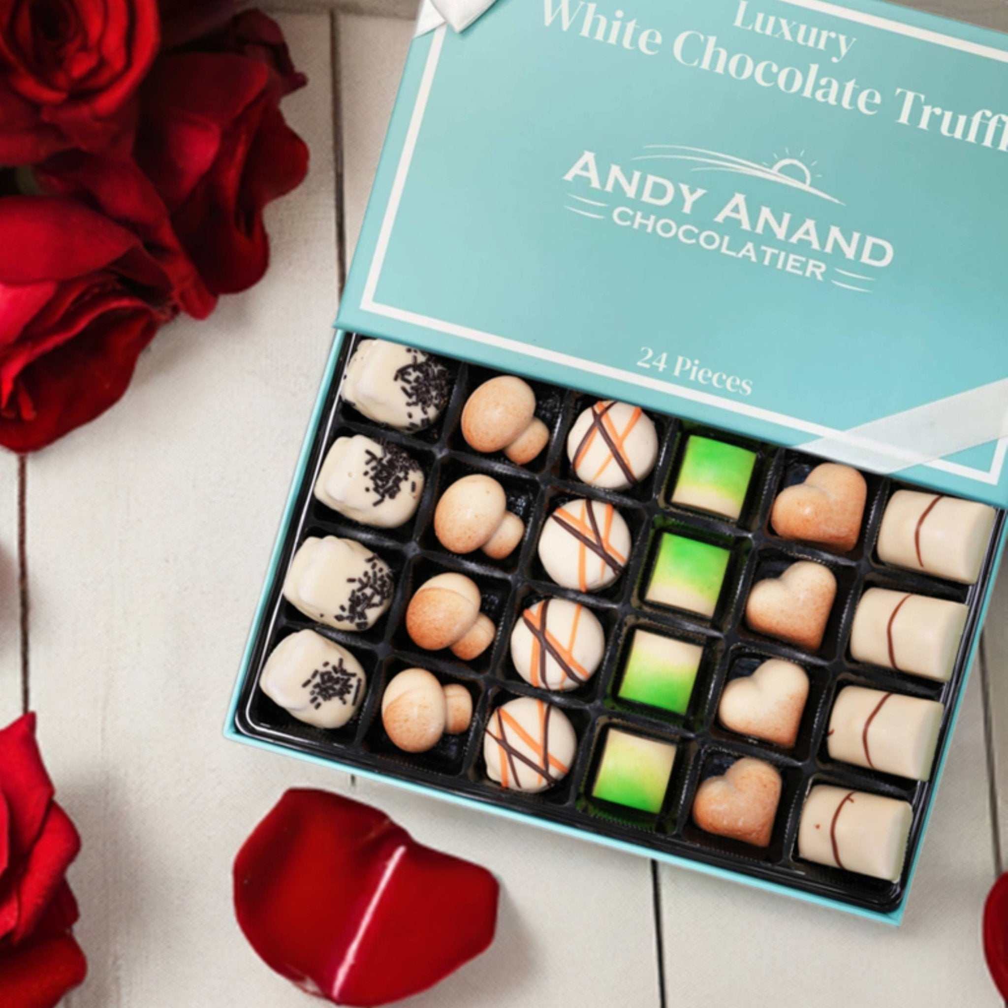 Andy Anand Handcrafted Belgian White Chocolate Truffles 24-pcs, Luxury Gift Box with 60% Cocoa Butter – Gluten-Free, Soy-Free