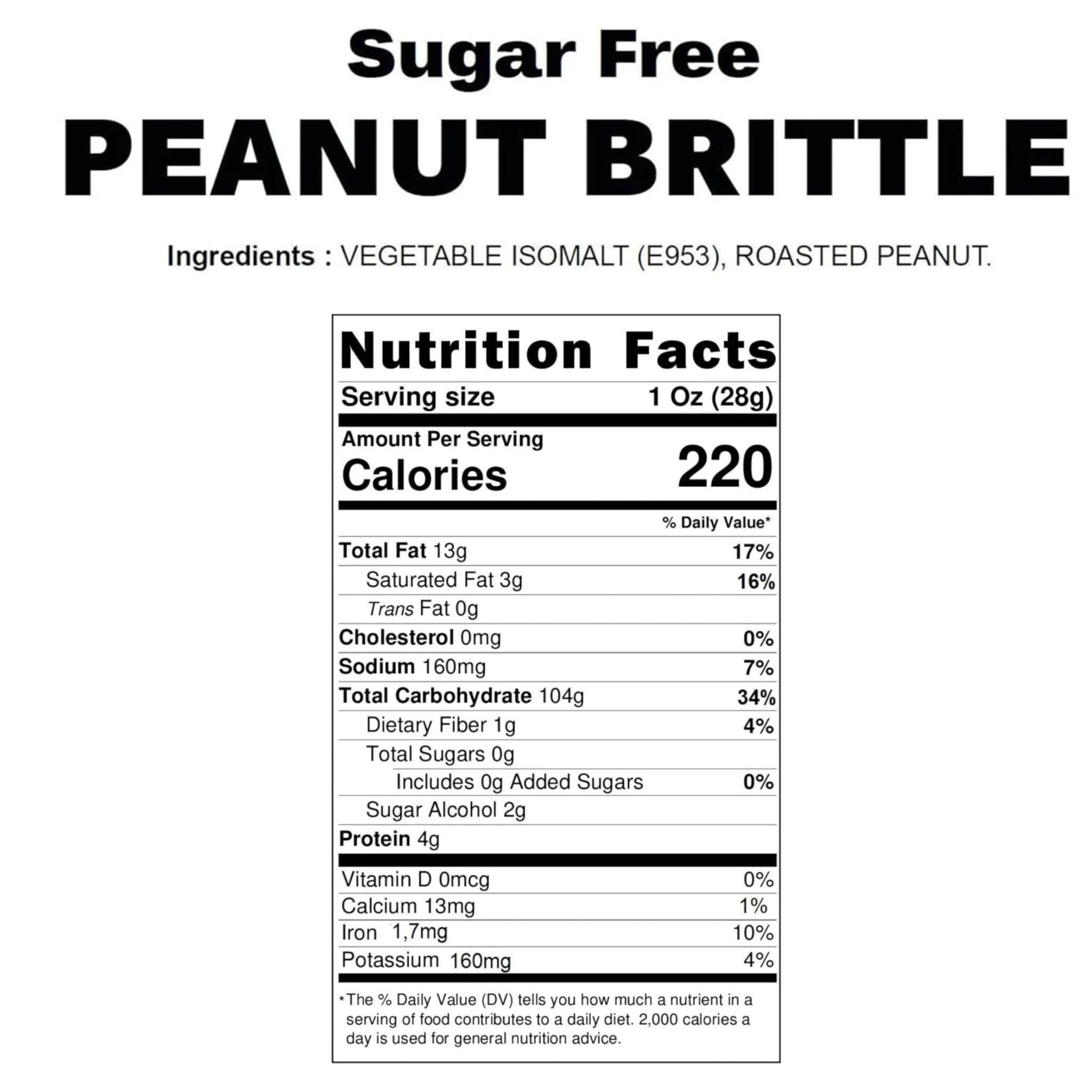 Nutrition facts label for Andy Anand Handmade Sugar Free Peanut Brittle with ingredients and calorie details