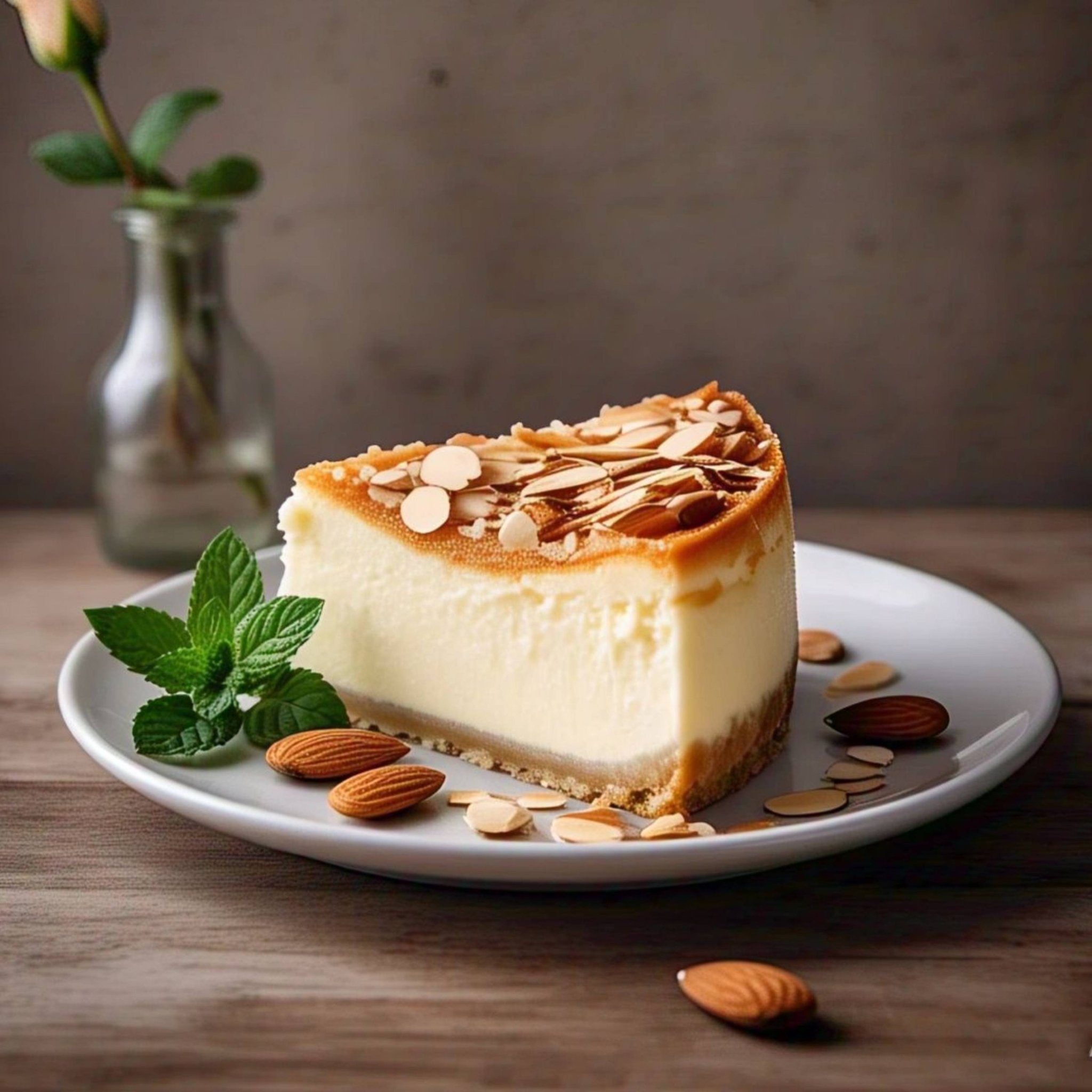 Slice of sugar-free almond cheesecake on white plate with mint and almonds, freshly baked dessert perfect for celebrations, cheesecake near me delivery option