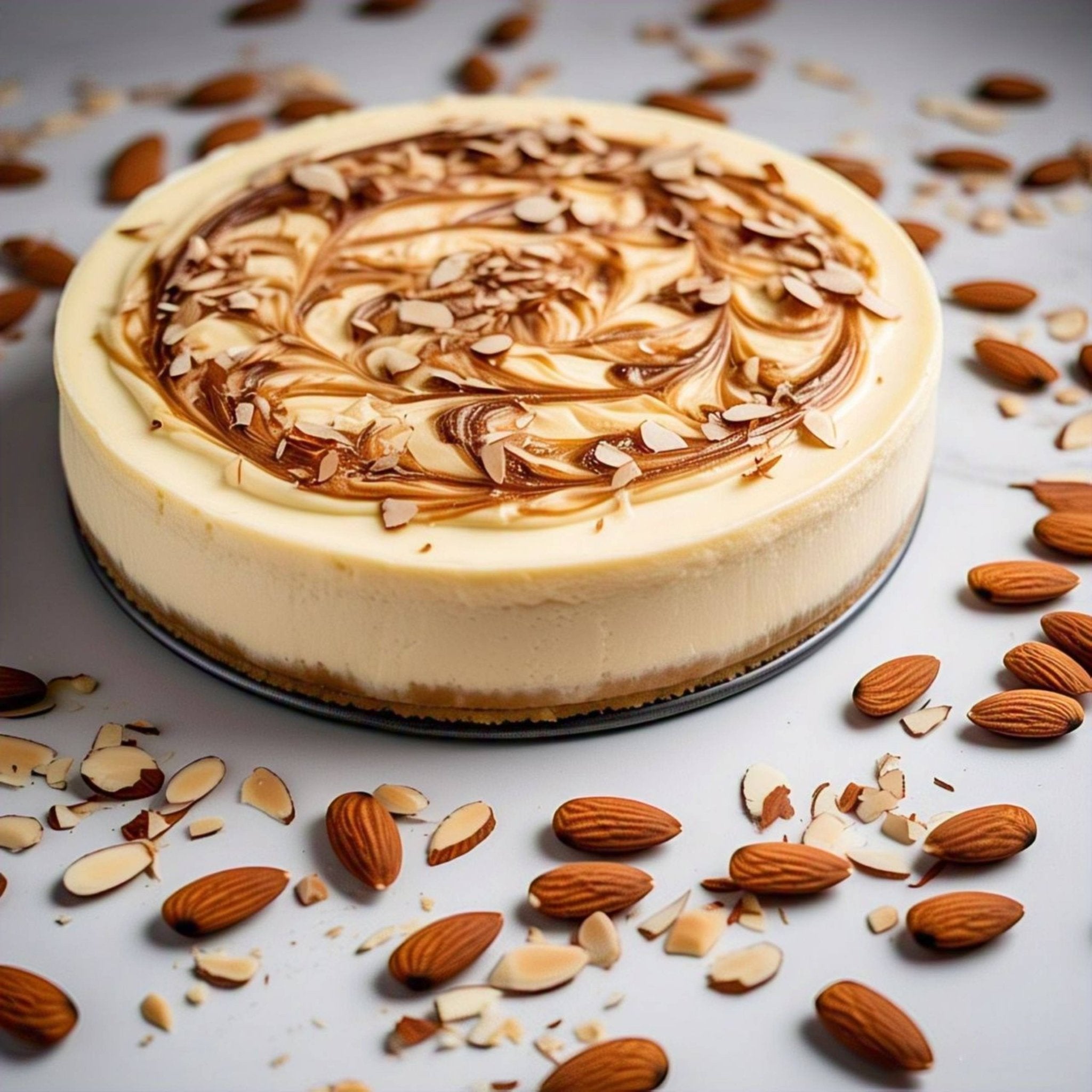 Sugar-free almond cheesecake near me with swirled chocolate topping and almond slices, freshly baked and perfect for celebrations and dessert lovers.