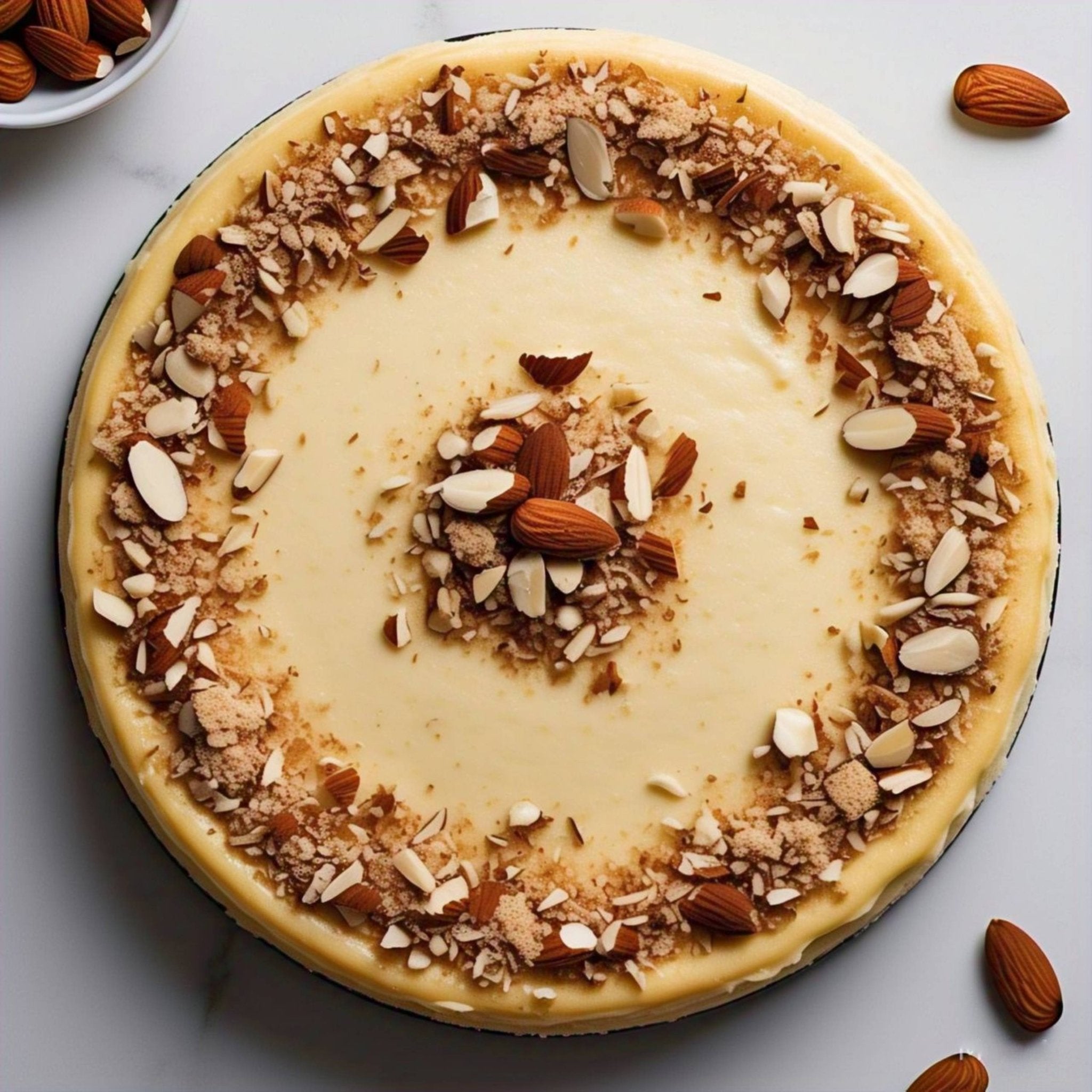 Sugar-free almond cheesecake decorated with chopped almonds, freshly baked dessert available for cheesecake near me delivery.