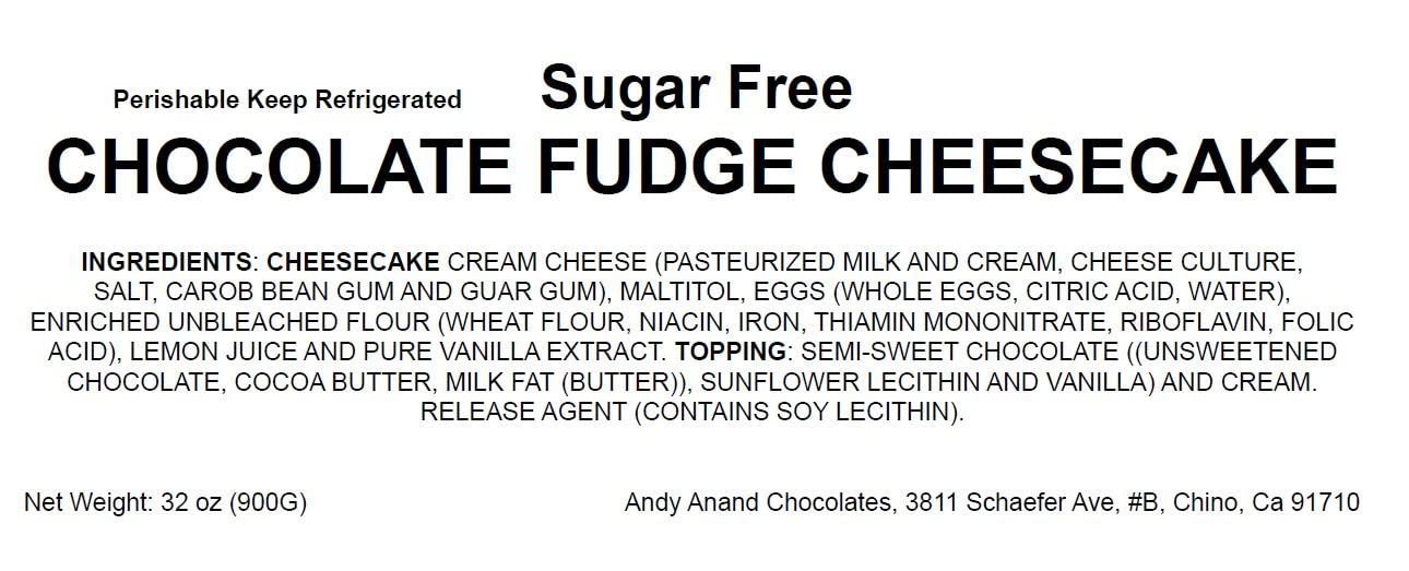 Sugar free chocolate fudge cheesecake made with cream cheese and semi-sweet chocolate, weighing 2 lbs, ideal for diabetic-friendly dessert lovers.