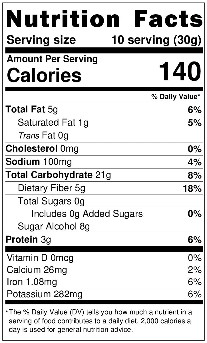 Sugar Free Keto Chocolate Strawberry Cake Nutrition facts label of Andy Anand Keto Fresh Baked Gourmet Cake 9" – Sugar Free, showcasing details such as serving size, calories, total fat, cholesterol, sodium, total carbohydrates, dietary fiber, total sugars, added sugars, sugar alcohol, protein, vitamins, calcium, iron, and potassium. Andy Anand Chocolates, All Products, Products, Sugar Free Cake, Keto Cakes.