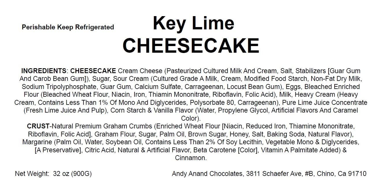 Cheesecake Cheesecake Lime Cheesecake Label on Andy Anand Key Lime Cheesecake 9" Fresh Made Divine Cheesecake Delights (2 Lbs), featuring ingredients, storage instructions, weight, and manufacturer's address. Andy Anand Chocolates, All Products, Products, Cheesecake Regular.