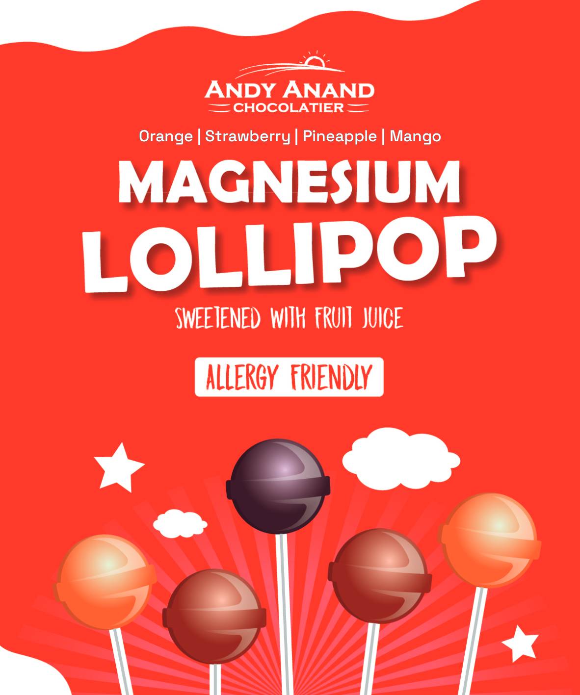 Andy Anand Magnesium Low Calorie Lollipops 8.8 oz, Calm Kids Snacks - Sweetened with real fruit Flavors Juice Healthy Treats