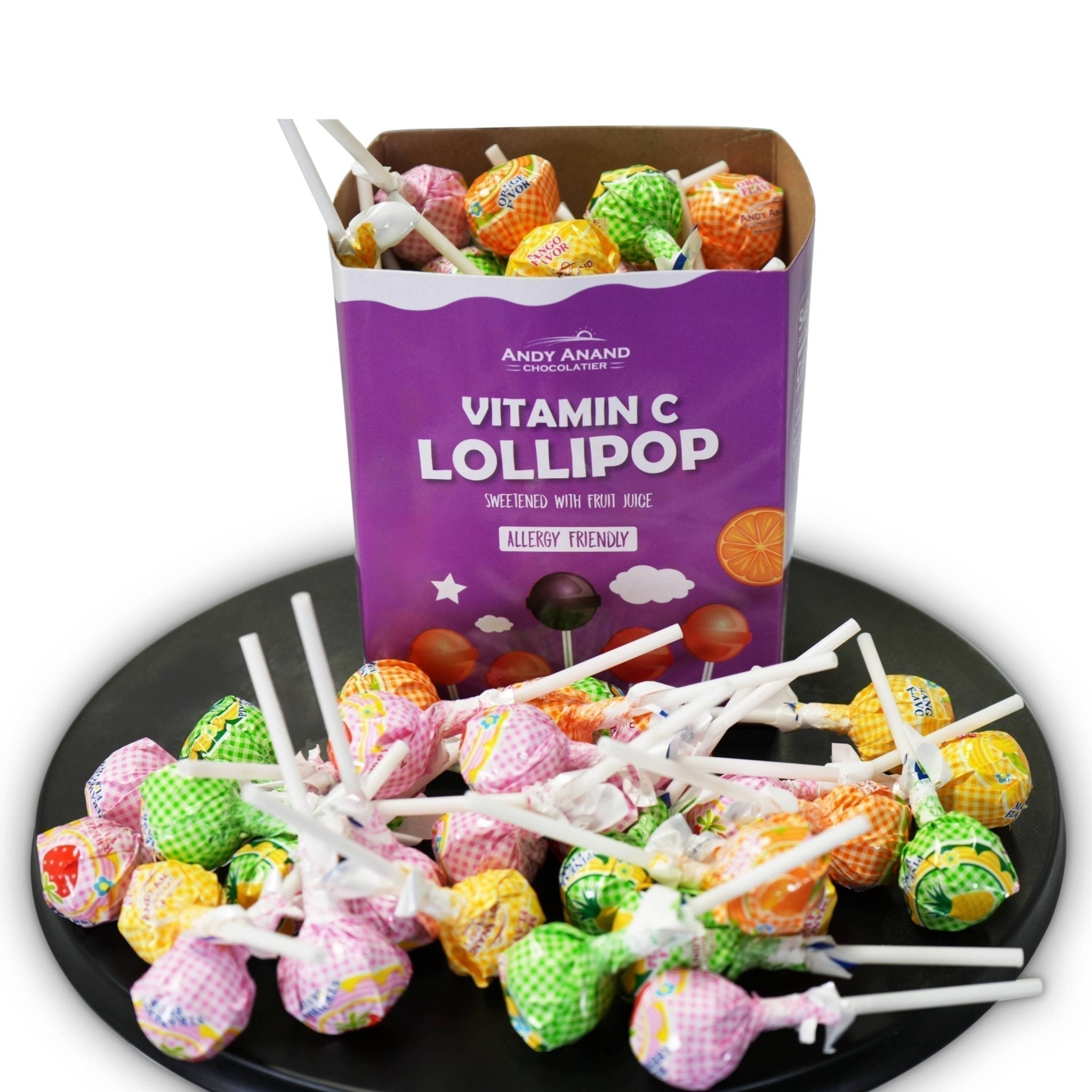 Andy Anand Chocolates Food & Beverages > Desserts & Sweets > Sugar Free Candy Andy Anand Sugar-Free Vitamin C Lollipops, 29 ct, 8.8 oz – Real Fruit Juice, Keto, Kids Immune Support, Birthday & Holiday Gift Box Sugar-Free Vitamin C Lollipops | Kids, Nationwide