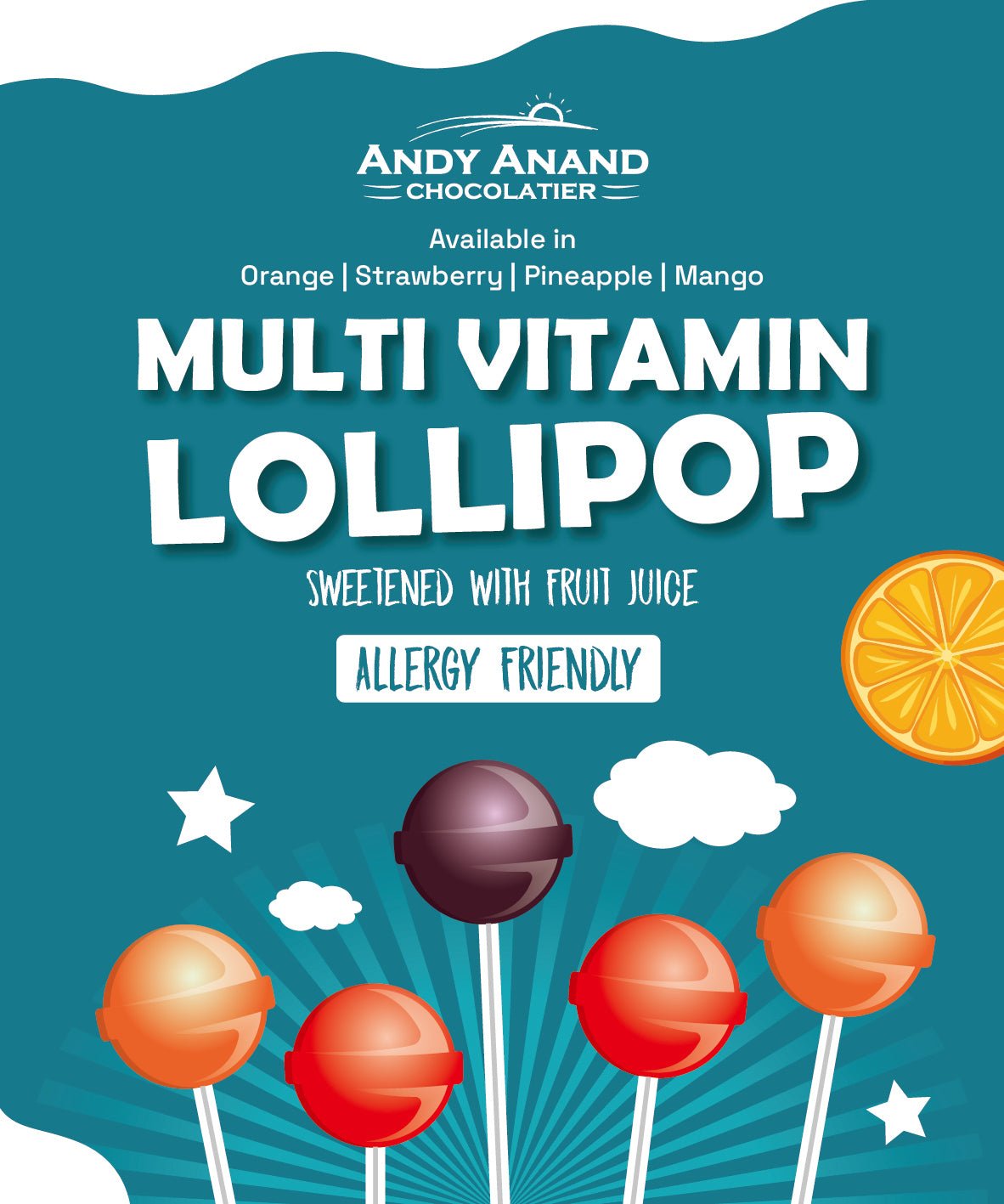 Andy Anand Low Calorie Lollipops with Multi-Vitamins Pops, Kids Love Them! 8.8 oz, Sweetened with real fruit flavored Juice