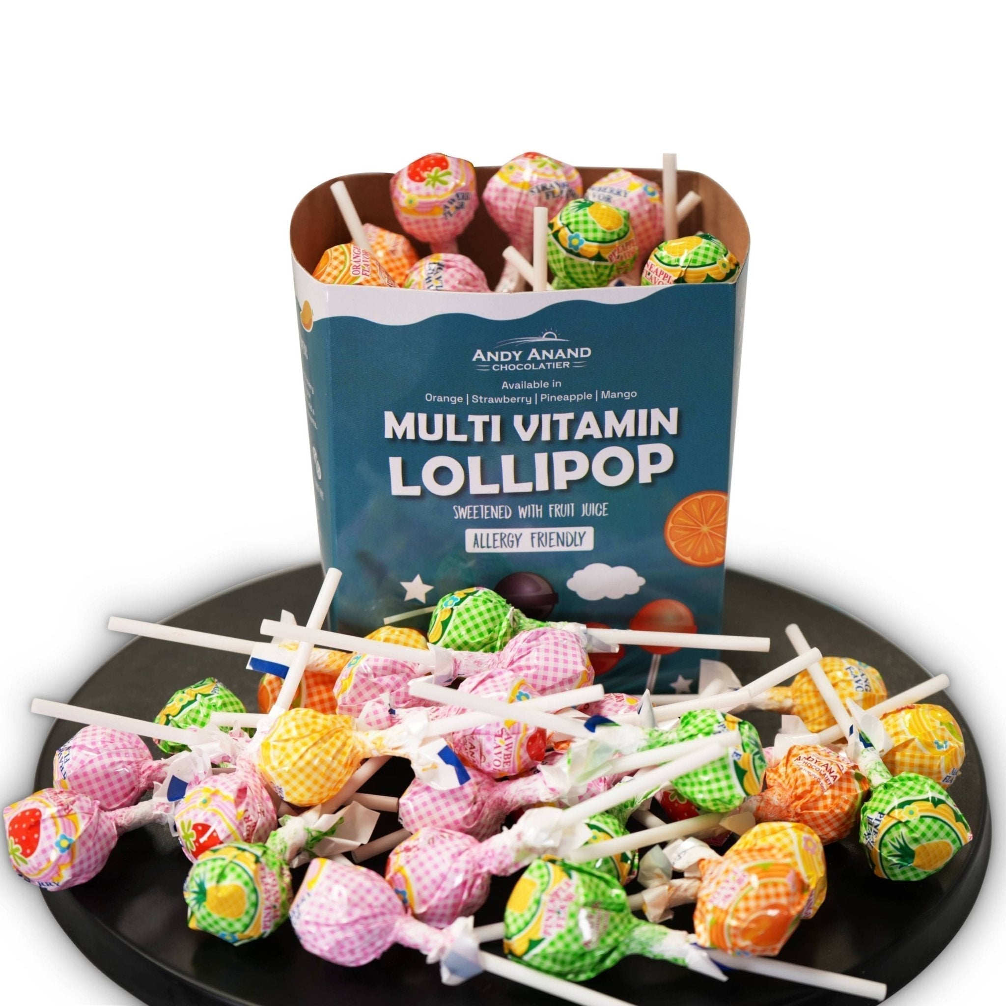 Andy Anand Low Calorie Lollipops with Multi-Vitamins, fruit flavored, Kids Love Them! 8.8 oz, Kids Pops, on a black plate