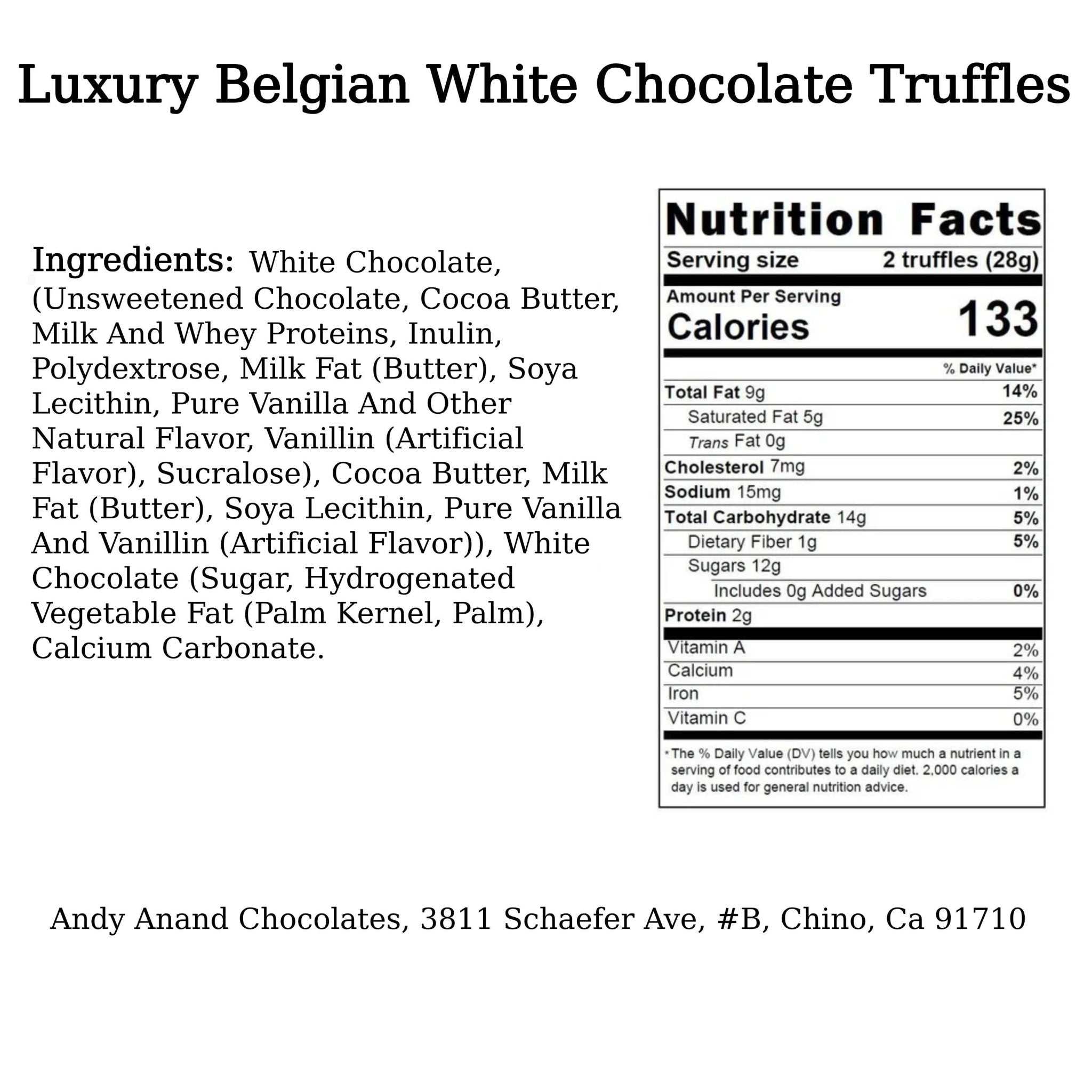 Andy Anand 24 Pc Premium Belgian White Chocolate Truffles with Nutrition Facts