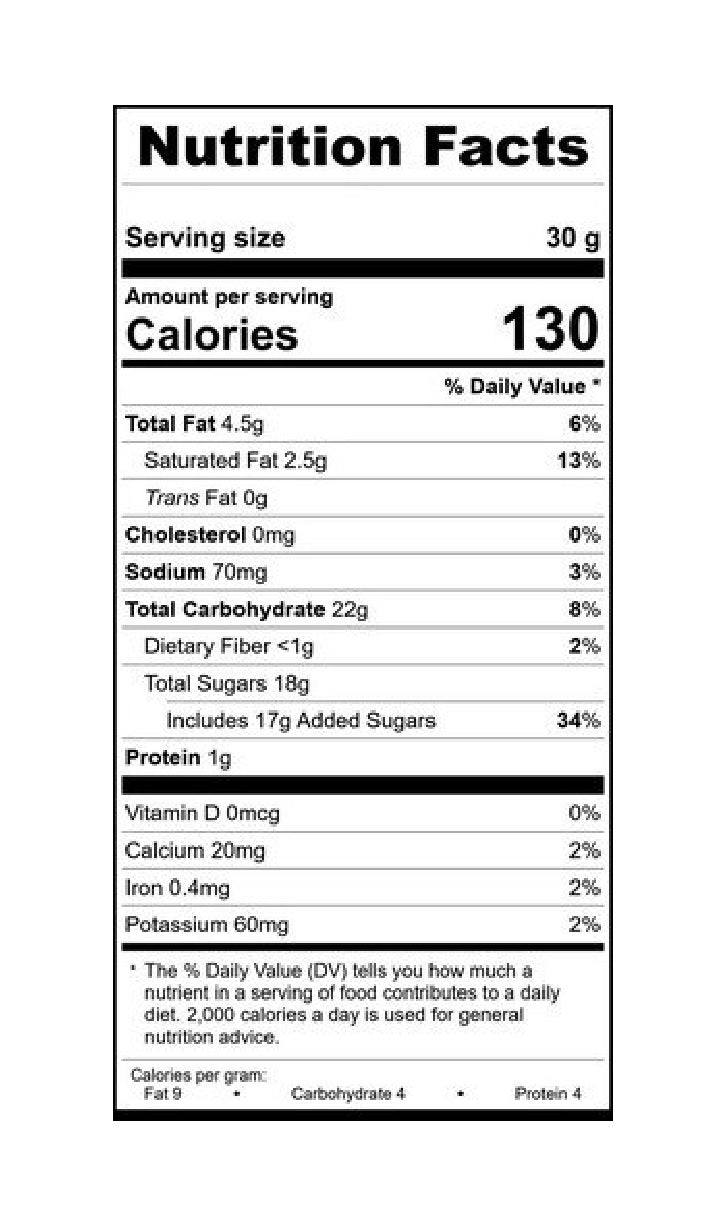 Honeycomb Milk Chocolate Nutrition facts label for Andy Anand Honeycomb Milk Chocolate showing calories, fat, sugars, and other nutrient details per serving size 30g.